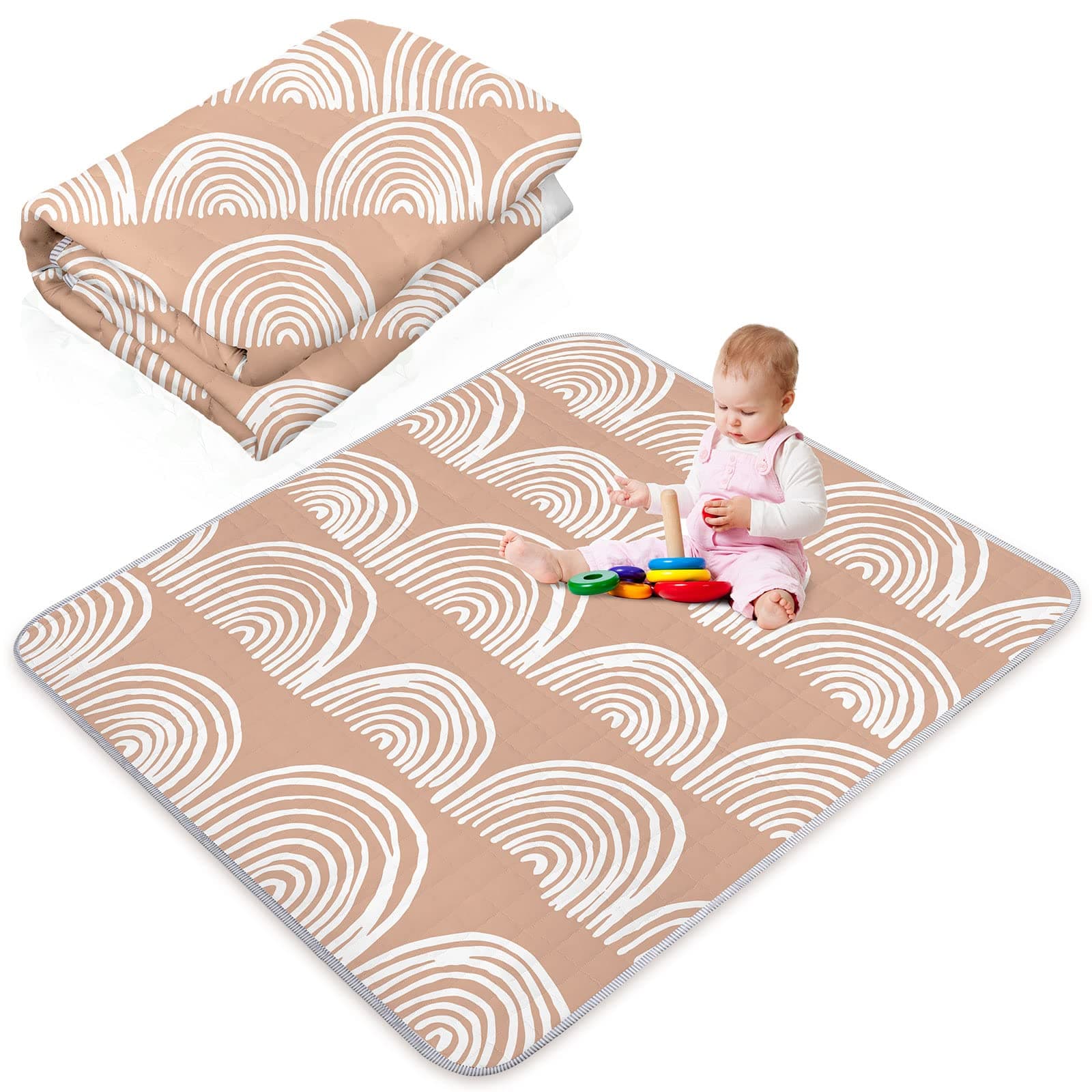 43 x 43 Inch Boho Baby Play Mat Portable Crawling Washable Foldable Tummy Time Non Slip Baby Floor Large Playpen Mat for Infants Toddlers Floor Playpen Activity(Fresh Rainbow)