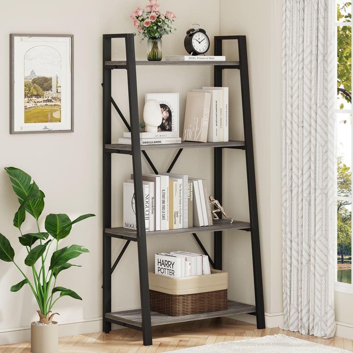 Ladder Bookshelf, 4 Tier Ladder Shelf Bookcase, Wood Leaning Book Shelves for Living Room, Bedroom, Home Office Shelving Unit (Dark Grey Oak)