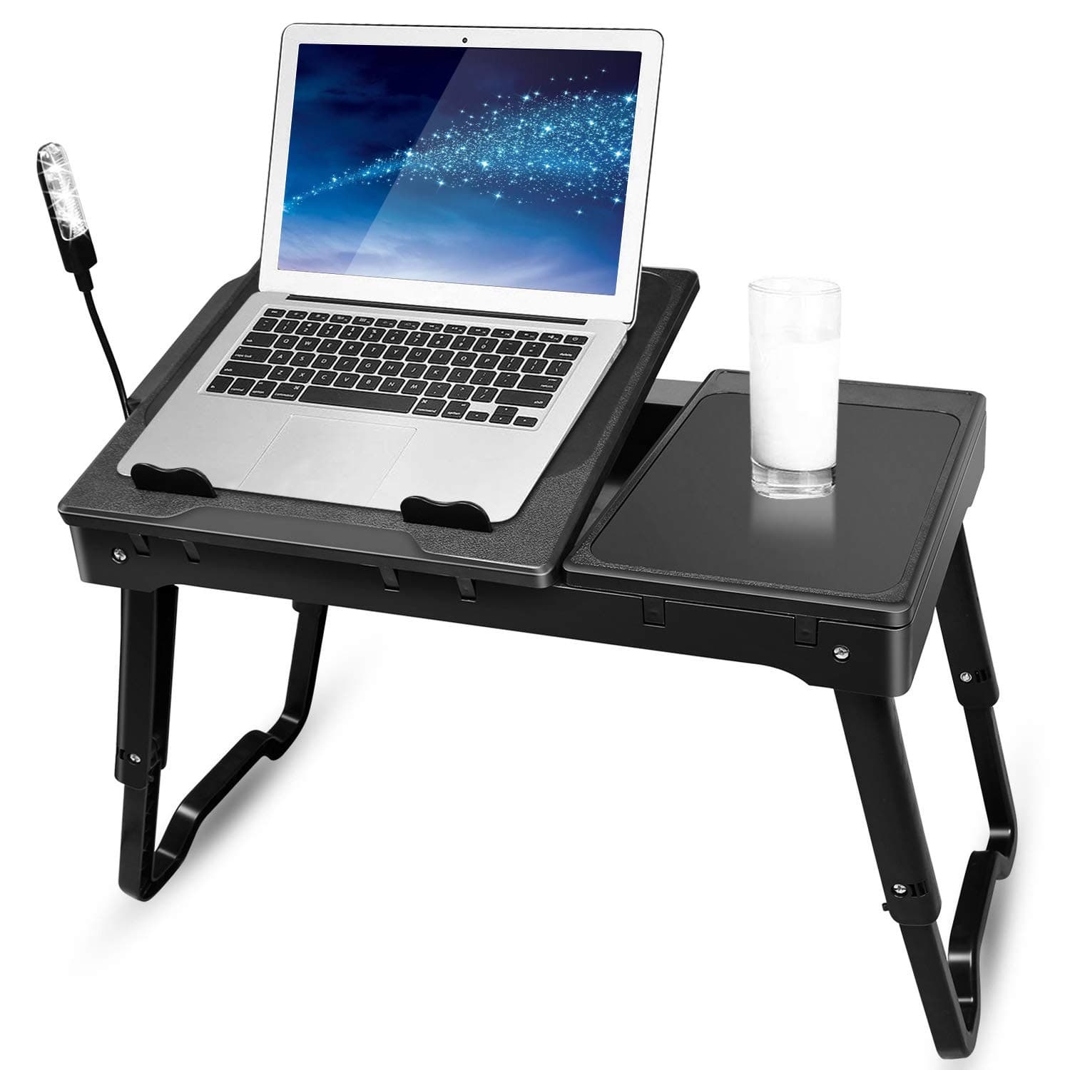 Foldable Laptop Table, Adjustable Laptop Desk Notebook Stand Book Holder Sofa Bed Breakfast Tray with Cooling Fan, Mouse Board, LED Lamp, 4x USB Ports