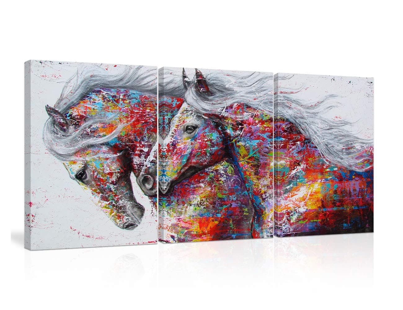 AMEMNY3 Panels Graffiti Colorful Two Running Horses Wall Art Canvas Oil Paintings on Canvas Contemporary Animals Poster for Living Room Office Home Decor Framed Ready to Hang