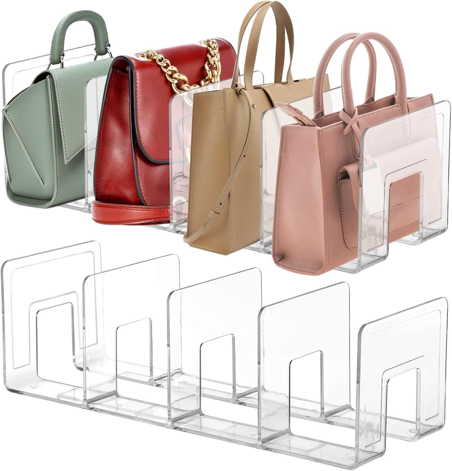 2pcs Clear Plastic Purse Handbag Organizer 4 Sections Bag Closet Shelf Divider Purse Display Stand Handbag Storage Organizer Clear Desk File Sorter Stand Holder Bookshelf for Bedroom, Kitchen