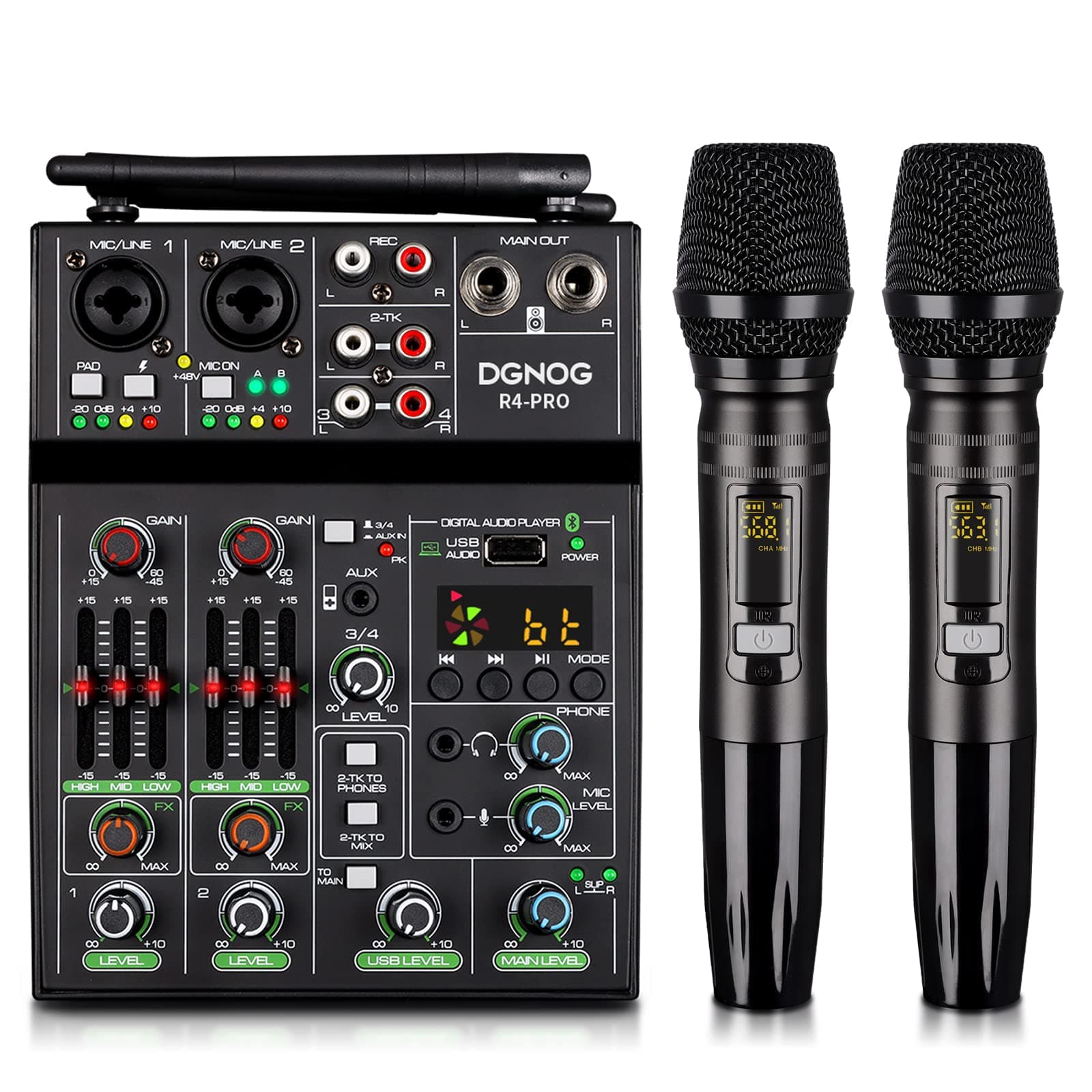Professional Audio Mixer, 4 Channel Sound Mixer With Dual Wireless Mic, Sound Board Console MP3 Bluetooth 48V Phantom Power USB Interface DJ Mixing for Home Karaoke Party Computer Studio Recording
