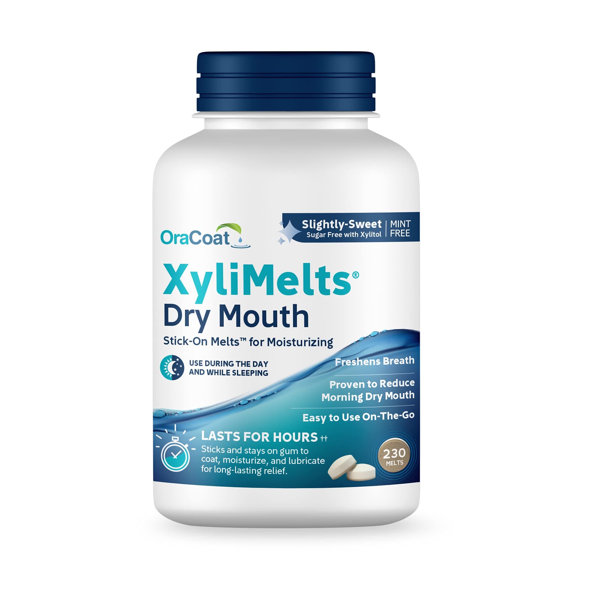 XyliMelts for Dry Mouth Night Time or Day - Moisturizing Dry Mouth Adhering Discs, Sugar Free with Xylitol, 230 Count, Slightly Sweet Flavor, 8-Hour Relief