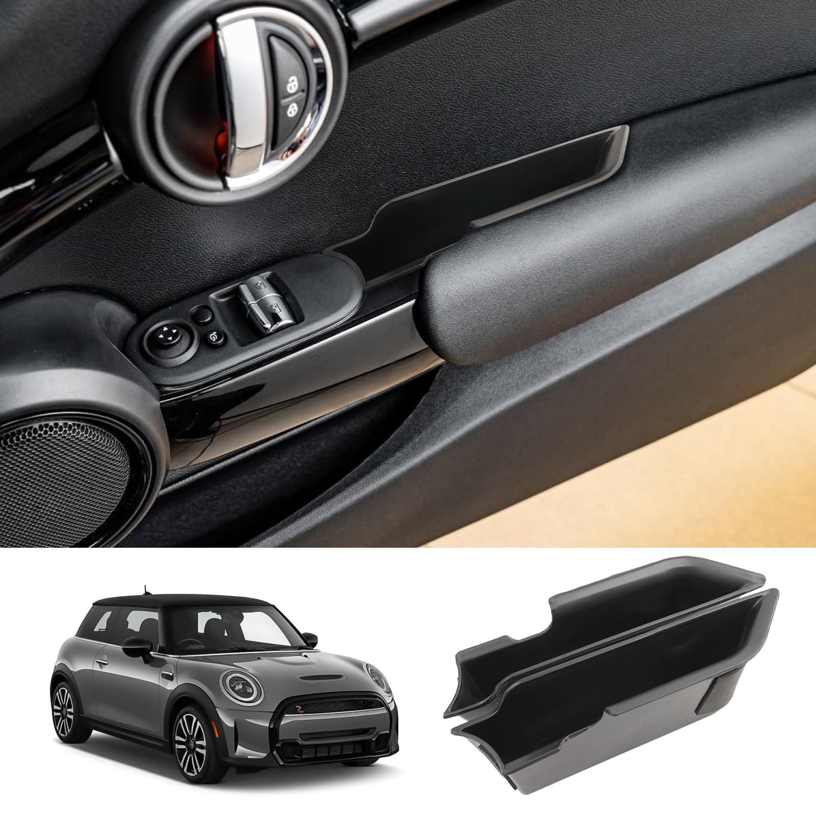 for 2024 Mini Cooper F56 Organizer Front Door Side Storage Box Door Side Organizer Grab Tray 2015-2024 Mini Cooper Countryman Armrest Phone Container Accessories 2PCS