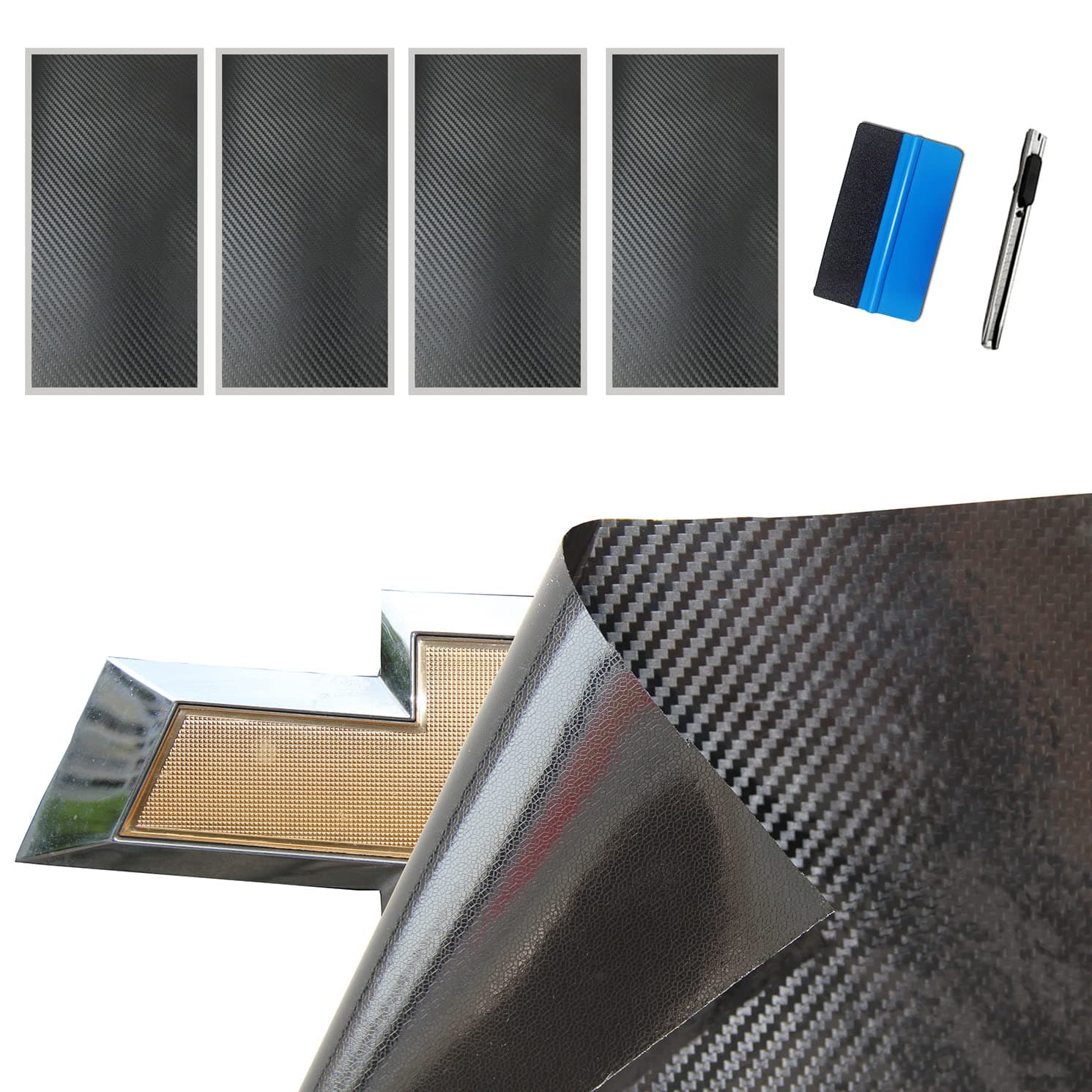 Compatible with Bowtie Logo Wrap Stickers Cut-Your-Own Emblem Overlay DIY Decals for Chevy (11.8 Inch x 4 Inch) (Black Carbon Fiber)