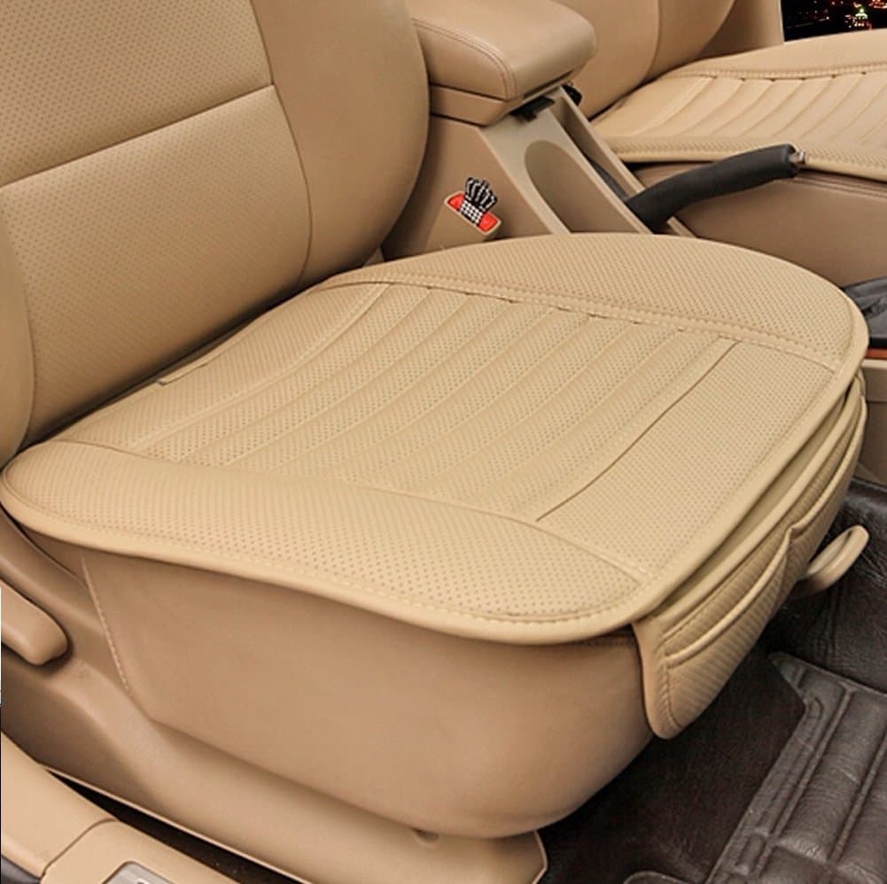 Elegant Leather Waterproof Car Seat Bottom Cushion Cover for Front Bucket with Breathable Charcoal Stuffed (Beige)