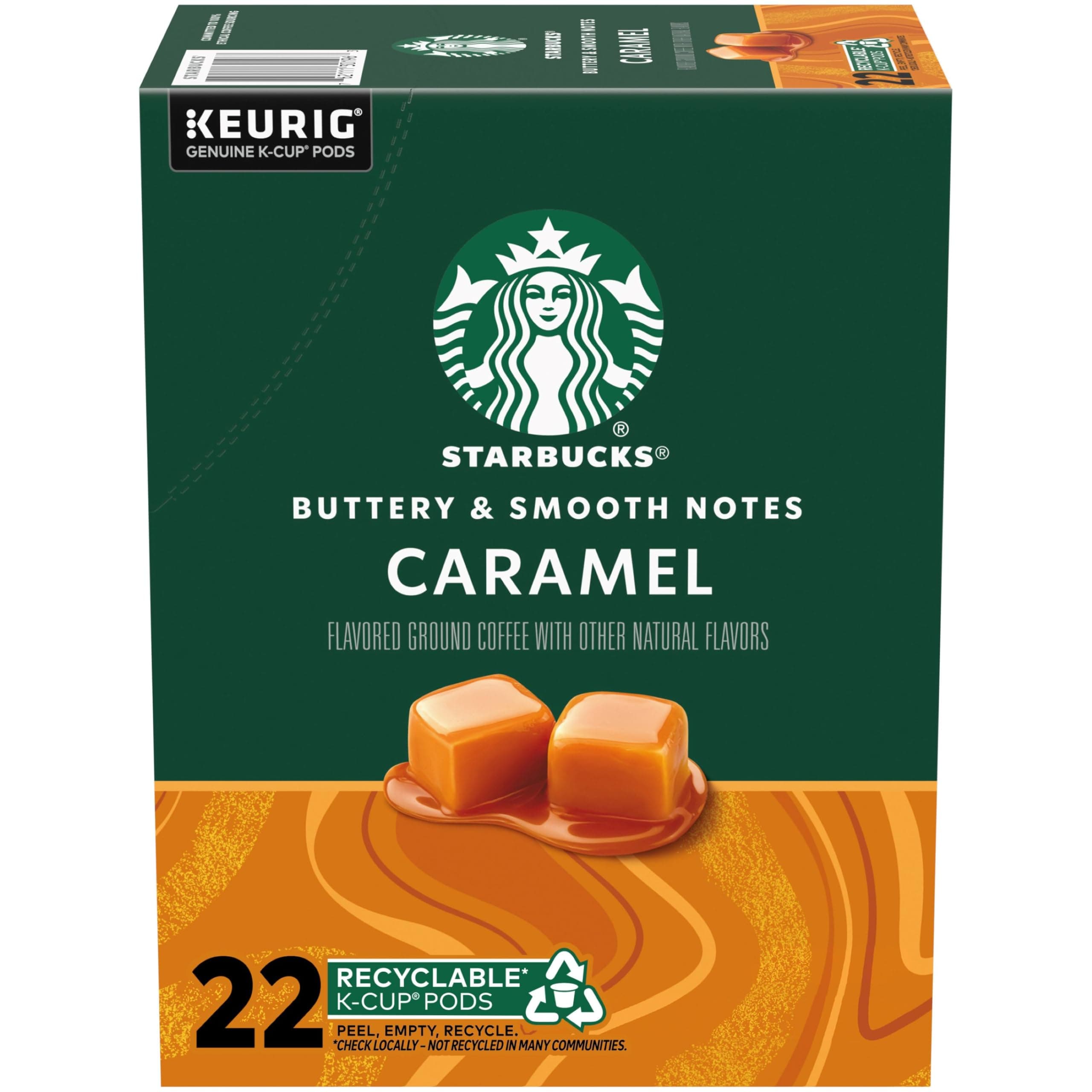 Starbucks K-Cup Coffee Pods, Caramel Natural Flavoured Coffee for Keurig Coffee Machines, 100% Arabica, 1 Box (22 Capsules)