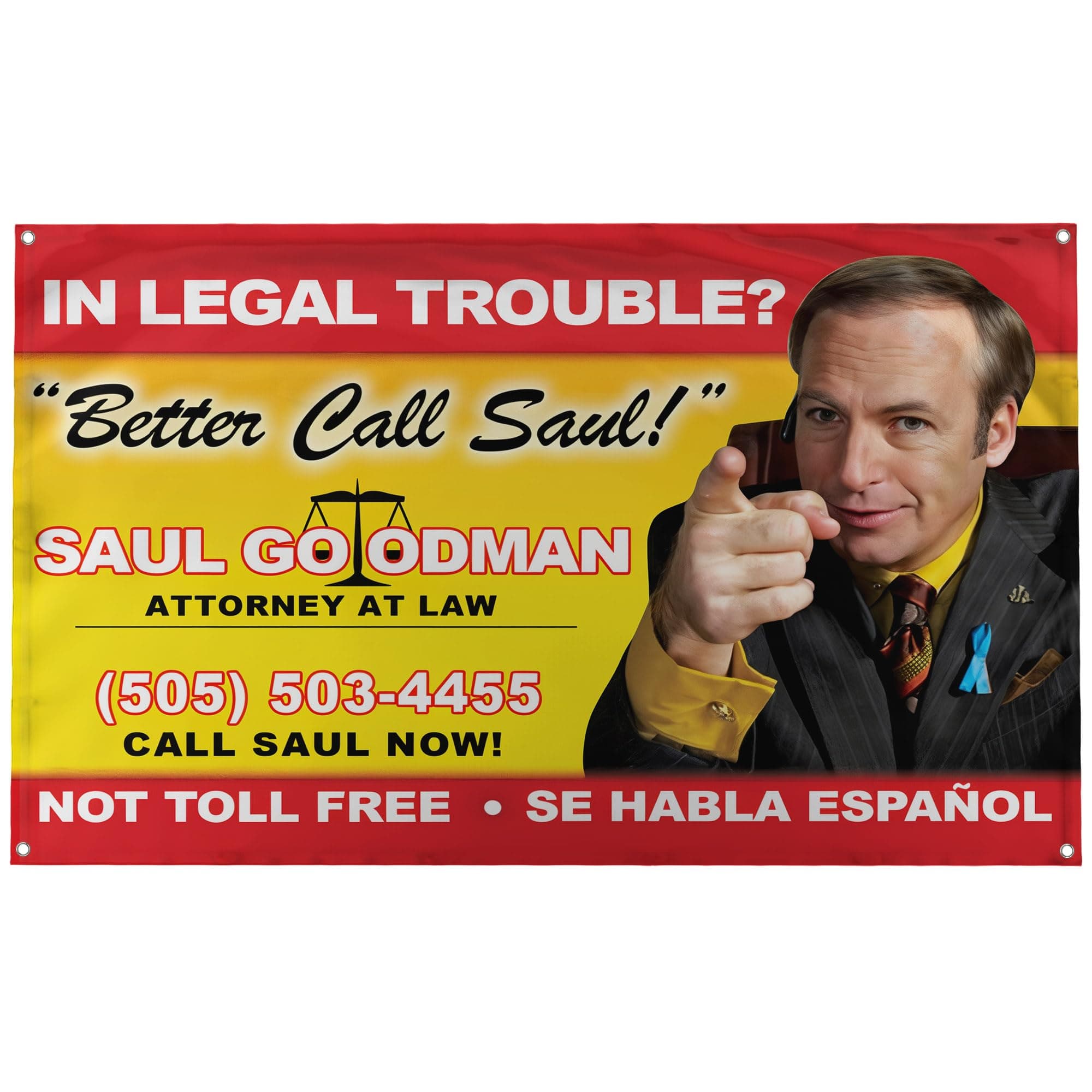 Banger - Better Call Saul! Billboard Image Breaking Bad Saul Goodman Motivational Inspirational Office Gym Dorm Wall Decor Design on a 3X5 Feet Flag with 4 Grommets for Easy Hanging. Authentic BANGER