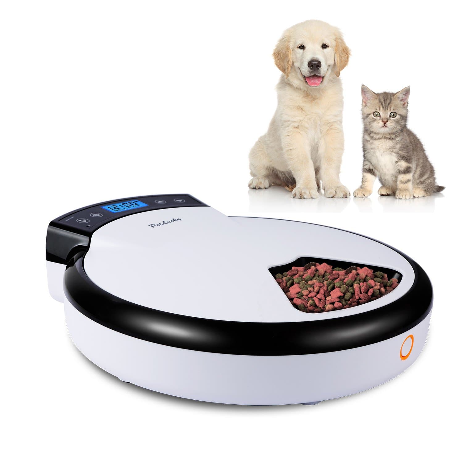 Petlucky Automatic Pet Feeder for Dogs and Cats with Voice Reminding,5-Meal,Dry &Wet Food,LCD Display,Healthier, 240ml x 5