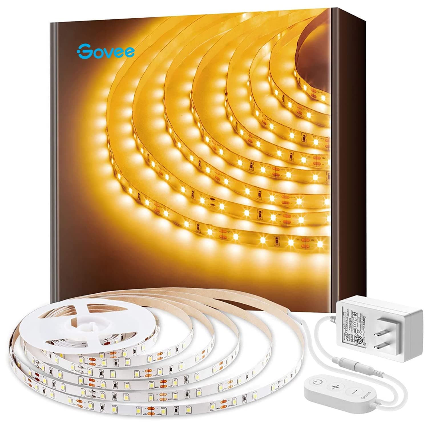 Warm White LED Strip Lights, Bright 300 LEDs, 3000K Dimmable Light Strip 16.4ft with Control Box, LED Lights for Bedroom, Kitchen Cabinets, Living Room, ETL Listed Adapter Included