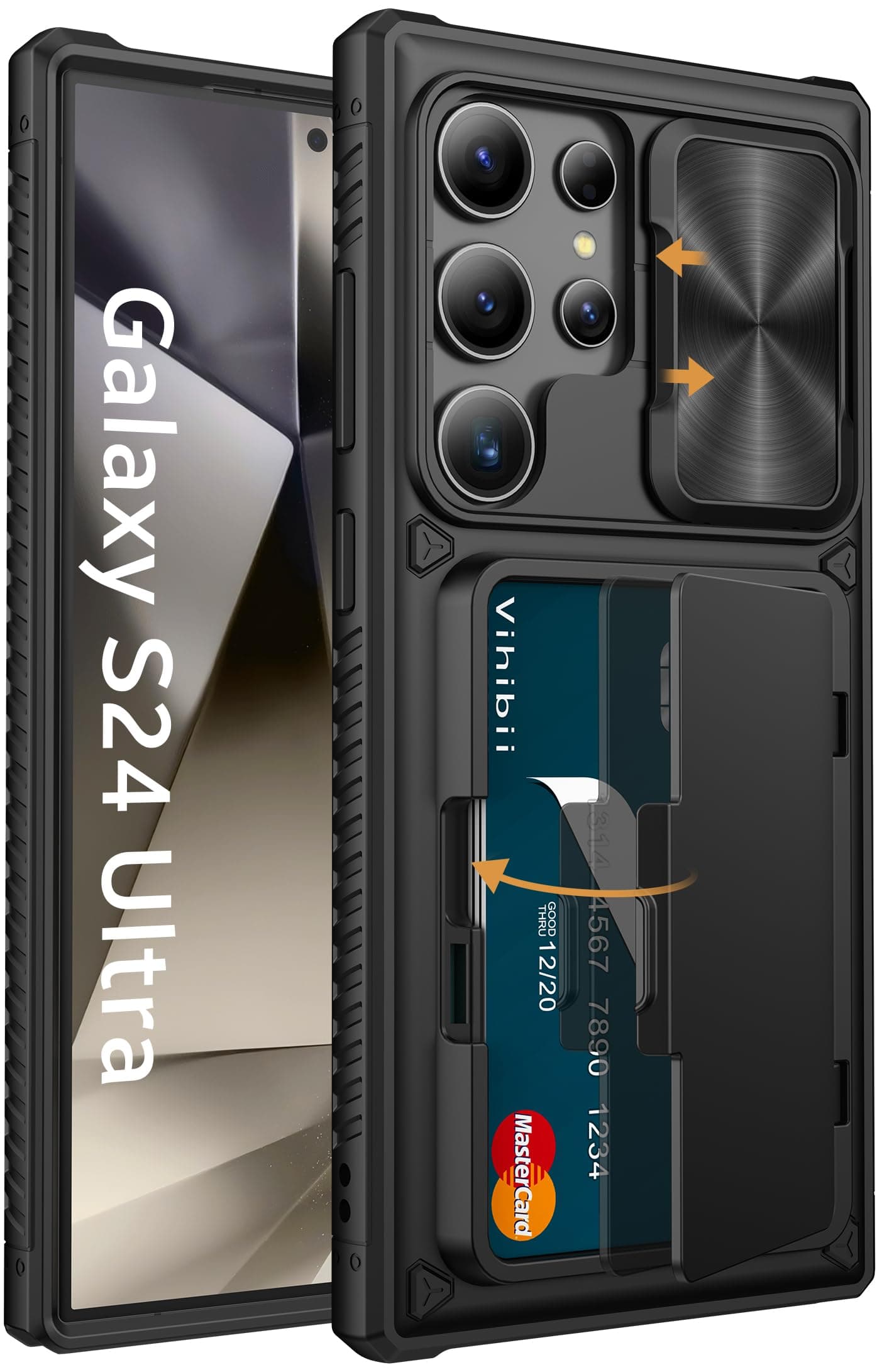for Samsung Galaxy S24 Ultra Case with Card Holder (4 Cards) & Slide Camera Cover & Kickstand, Shockproof Rugged Hard Back & TPU Soft Edge Wallet Case for Galaxy S24 Ultra 5G 6.8" 2024, Black