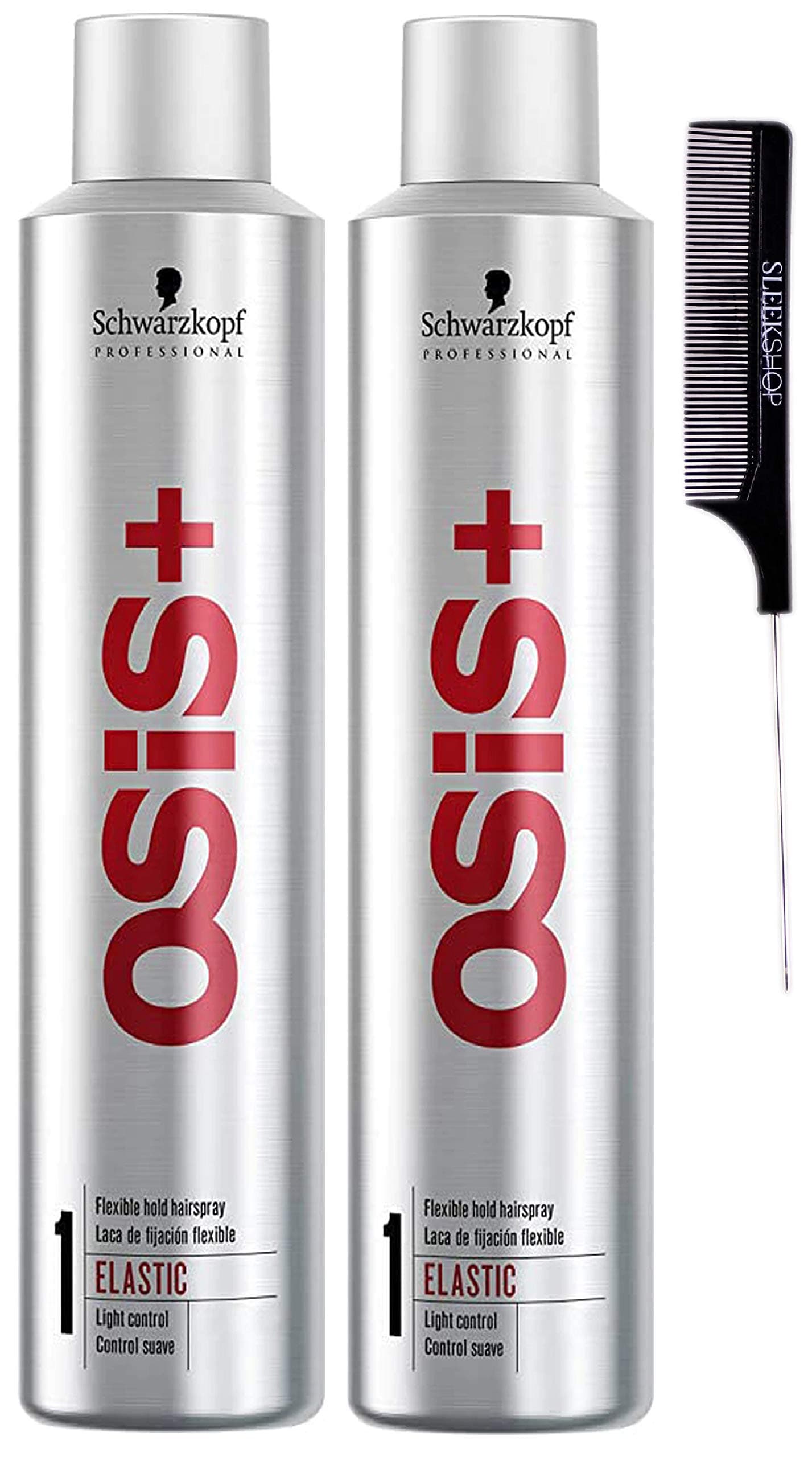 Schwarzkopf OSIS + ELASTIC Finish 1 Flexible Hold Hairspray, LIGHT CONTROL (with Sleek Steel Pin Tail Comb) (14.6 oz (PACK OF 2))