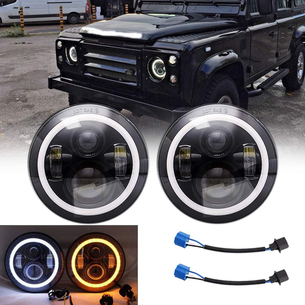 Compatible with Land Rover Defender 90/110 Pair DOT 7inch Round Headlight Hi/Lo Beam With Halo Ring White DRL Amber Turn Light