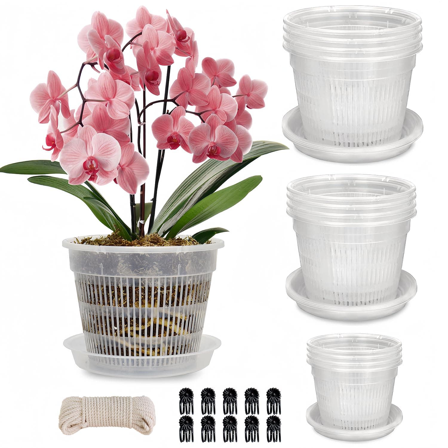 12 Pack Orchid Pot with Saucers, 4 Each of 4.5in, 5.5in and 6.3in Orchid Pots for Repotting, Clear Orchid Pots with Holes, Plastic Flower Plant Pot