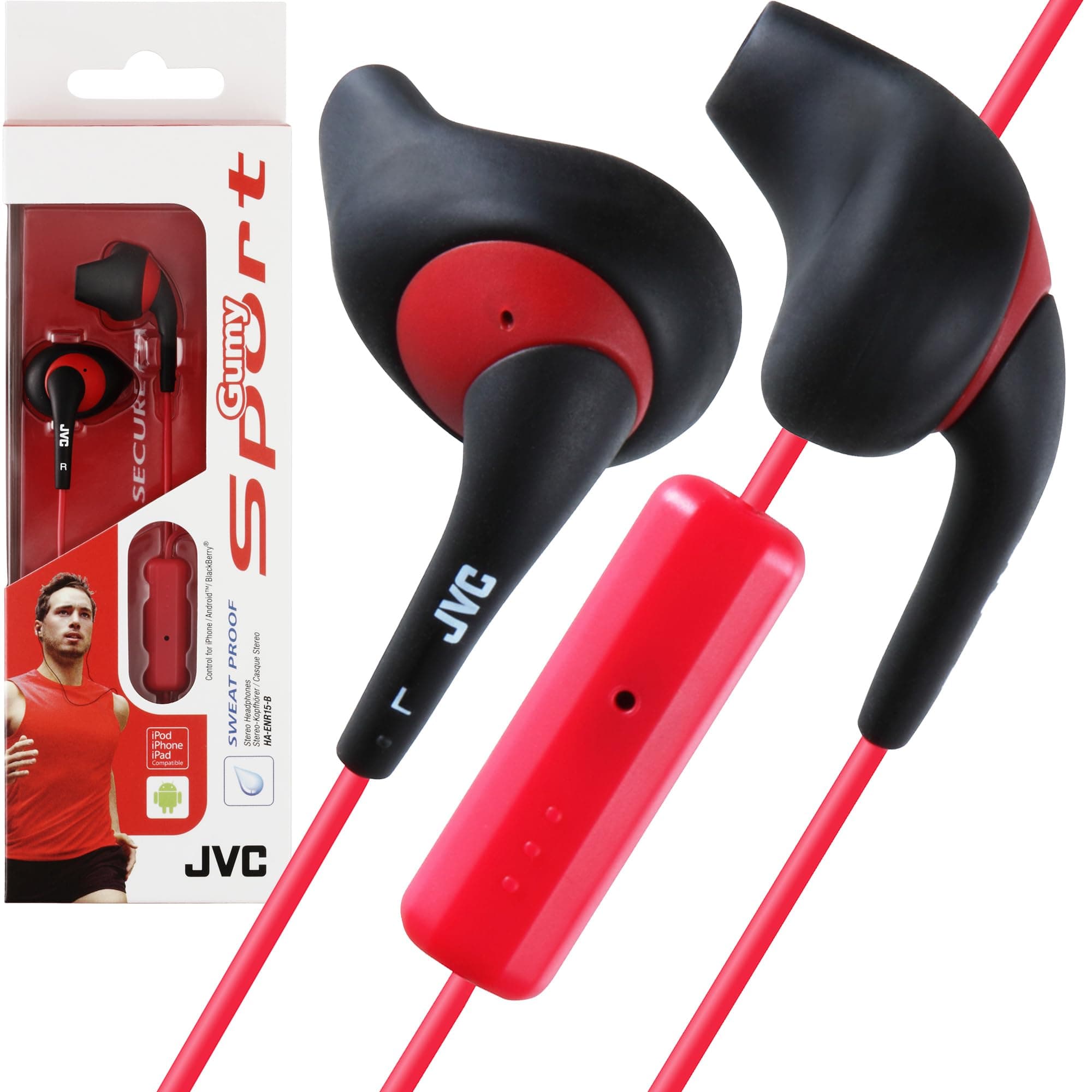 Black and Red Nozzel Secure Comfort Fit Sweat Proof Gumy Sport Earbuds with long colored cord HA-ENR15B