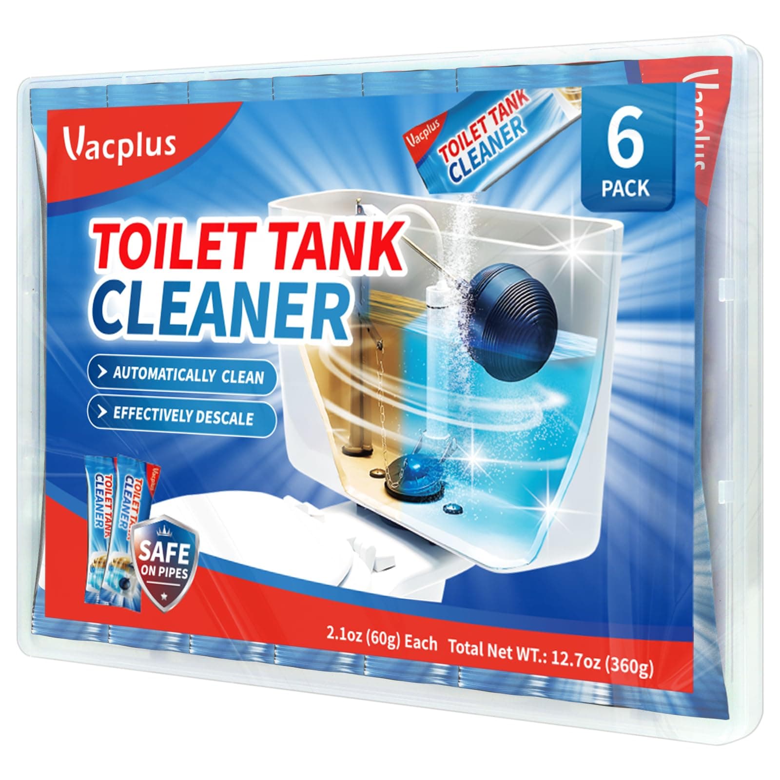 Vacplus Toilet Tank Cleaner - 6 Pack Automatic Descaler Tablets, Powerful Mold & Rust Remover, Long-Lasting Bowl Cleaning Solution