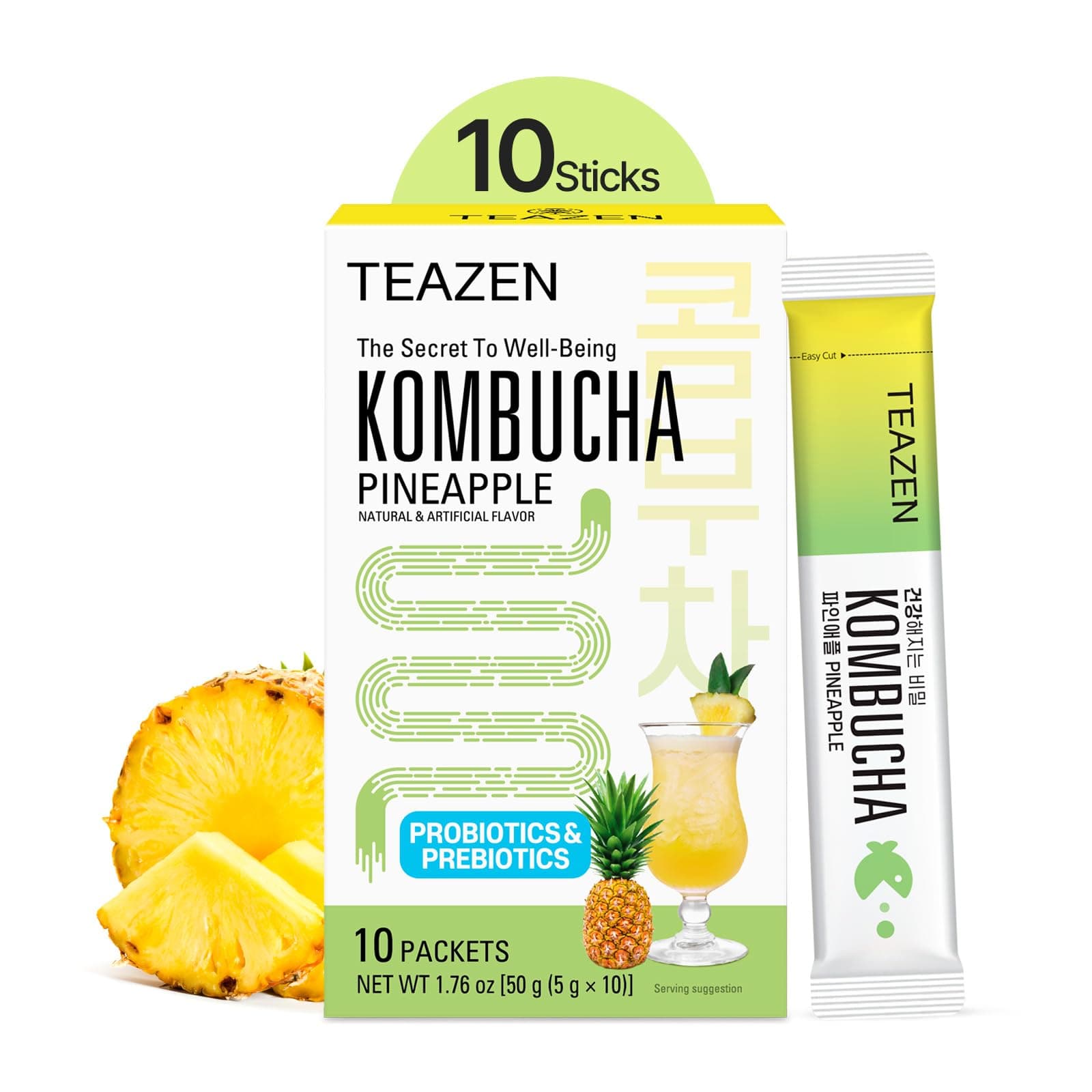TEAZEN Pineapple Kombucha Powder, Hydration Drink Mix, Sugar Free, Live Probiotics & Prebiotics, On-the-Go 10 Packets, 1.76oz