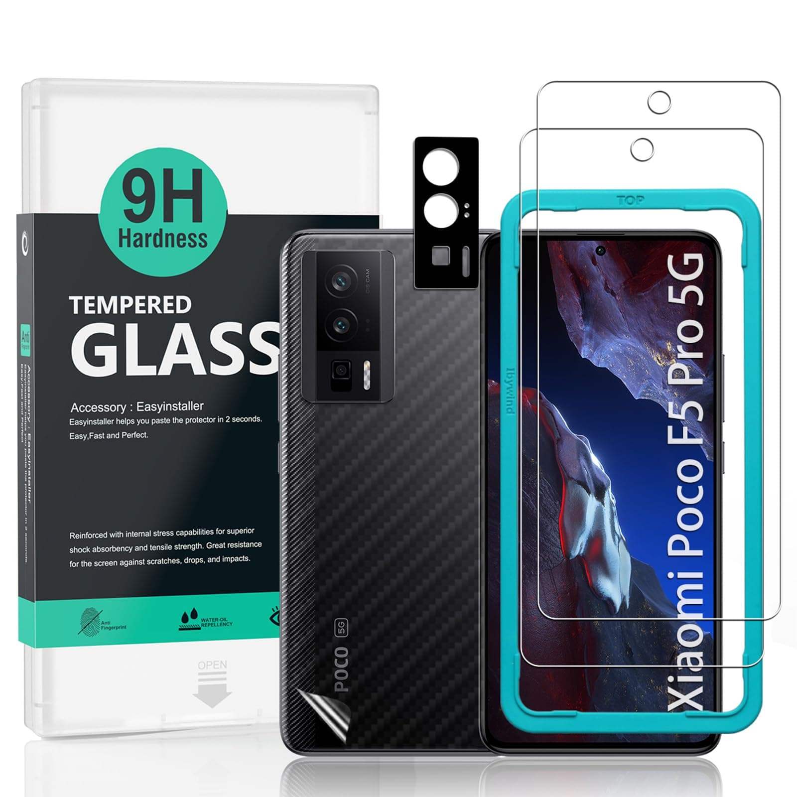 Ibywind Screen Protector For Xiaomi Poco F5 Pro 5G(6.67"),with 2Pcs Tempered Glass,1Pc Camera Len Protector,1Pc Backing Carbon Fiber Film[Fingerprint Reader,Easy to install]
