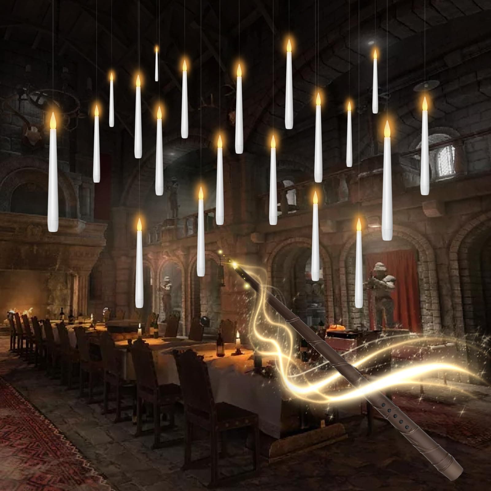 Flameless Floating Candles with Wand,20 Pcs Magic LED Hanging Taper Candles,Flickering Battery Operated Taper Candle with Wand Remote for Halloween Decorations Best Gift(White)