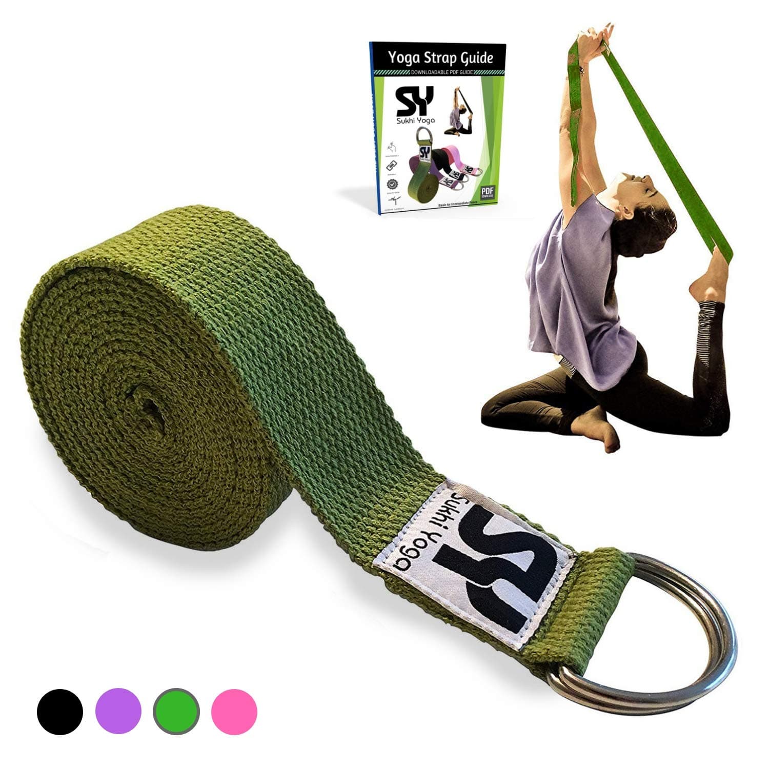 Super Soft Yoga Strap D-Ring, Perfect Stretching, Holding Poses, Improving Flexibility Physical Therapy (Green)