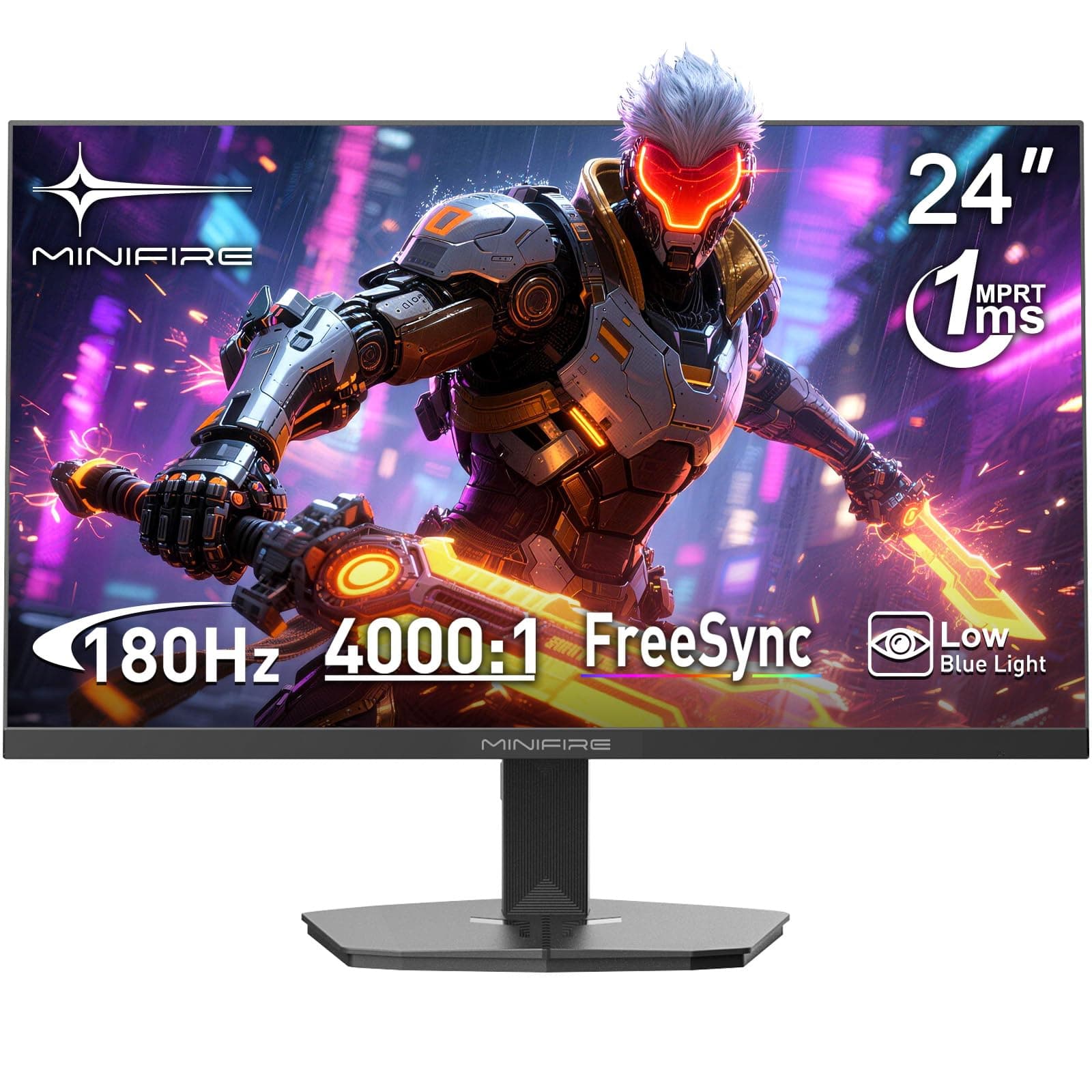 – Minifire 24 Inch 180Hz Gaming Monitor, Full HD 1080p VA Panel, 4000:1 Contrast, 1ms MPRT, Free-Sync, sRGB 110%, DCI-P3 80%, Anti-Bluelight, HDR, VESA 75x75mm, HDMI & DP (MFG24F4L)