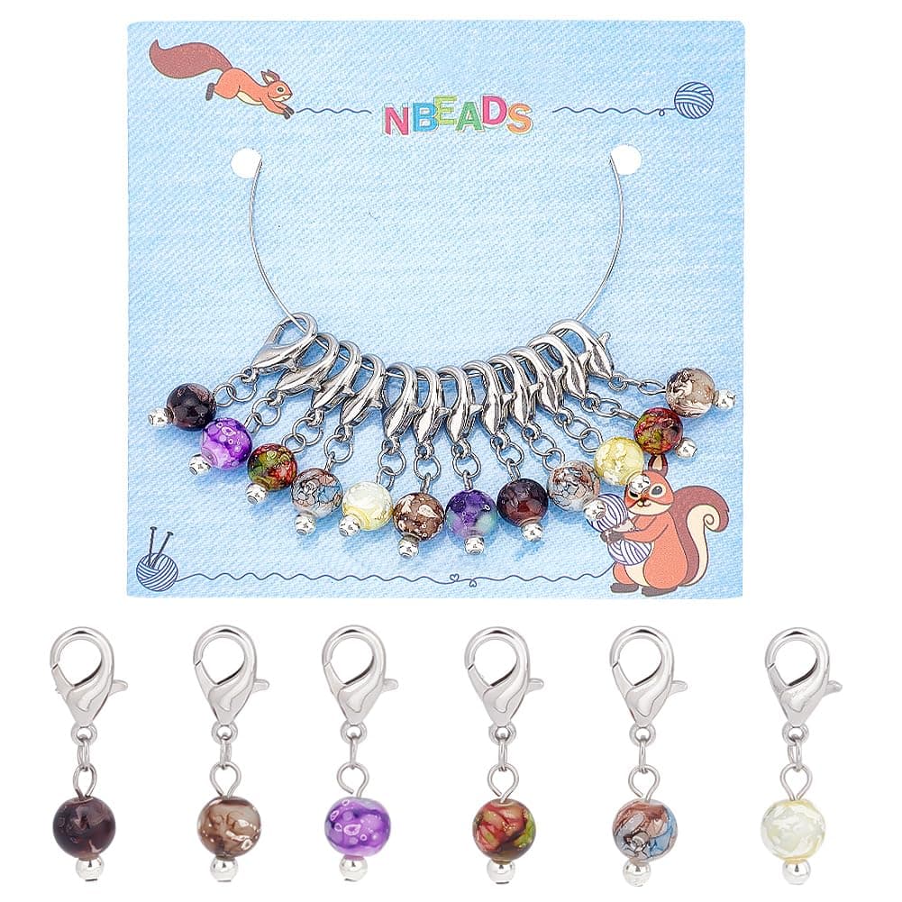 NBEADS 24 Pcs Glass Bead Stitch Markers, Imitation Snowflake Obsidian Bead Crochet Stitch Marker Charms Removable Lobster Clasp Locking Stitch Marker for Knitting Weaving Sewing Accessories