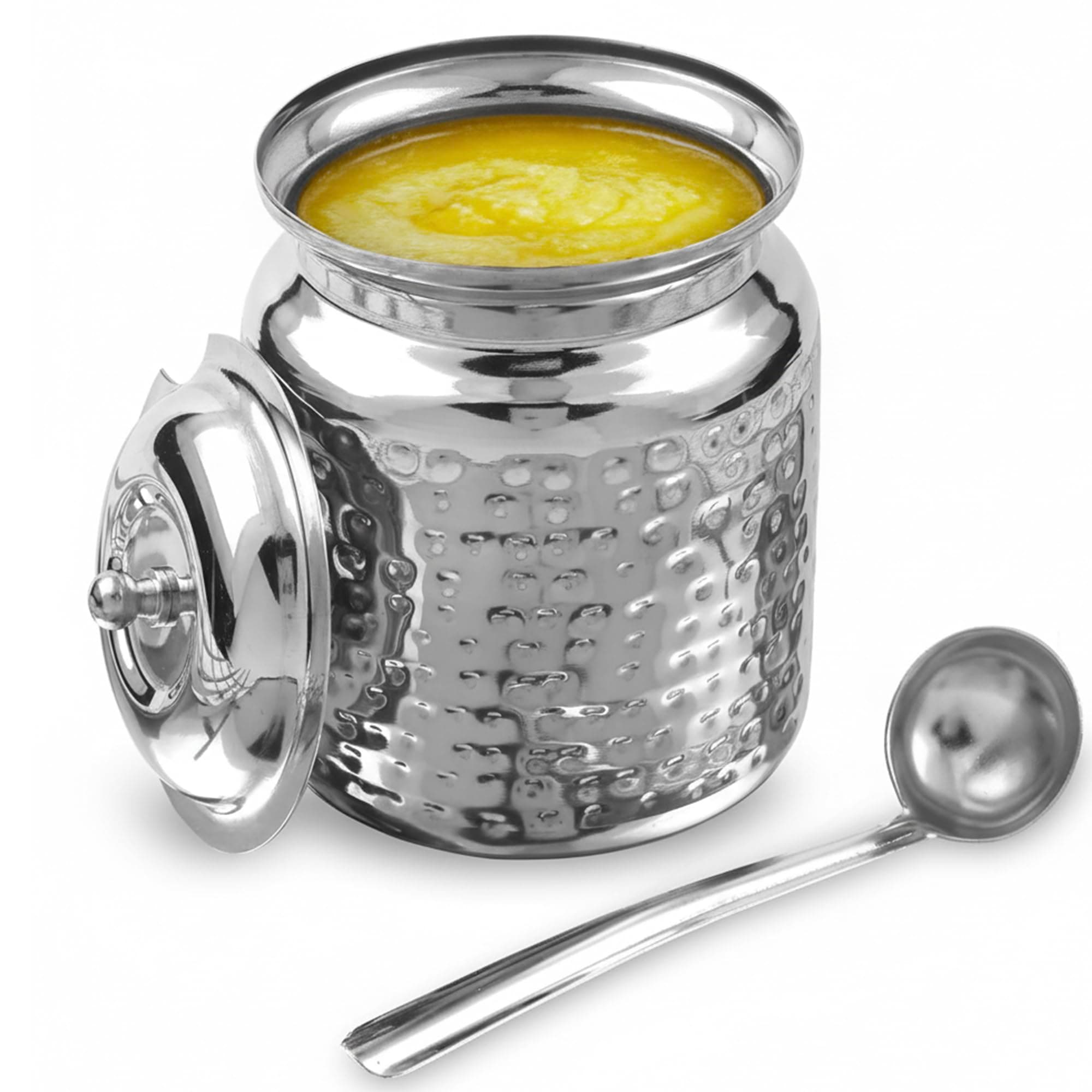 Stainless Steel Hammered Oil and Ghee Container for Kitchen I Multipurpose Oil Container with Lid I Capacity of 17 oz