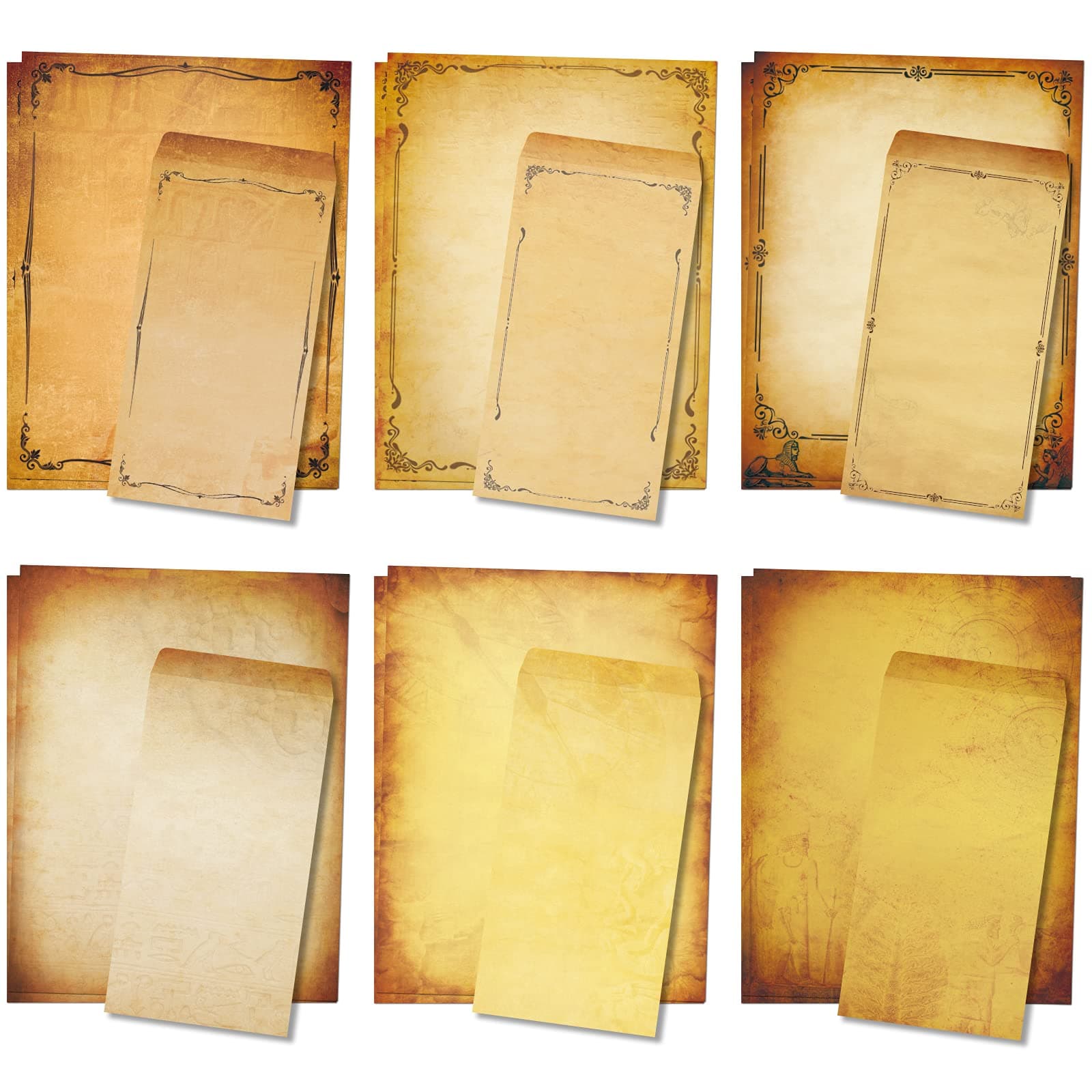 Realistic Vintage Stationery Paper 48 Pieces and Self-Sealing Envelopes 24 Pc - 120gsm Heavy Weight Writing Stationary 8.5" x 11", 6 Antique Parchment Design, Printer Friendly, Both Sides Printed