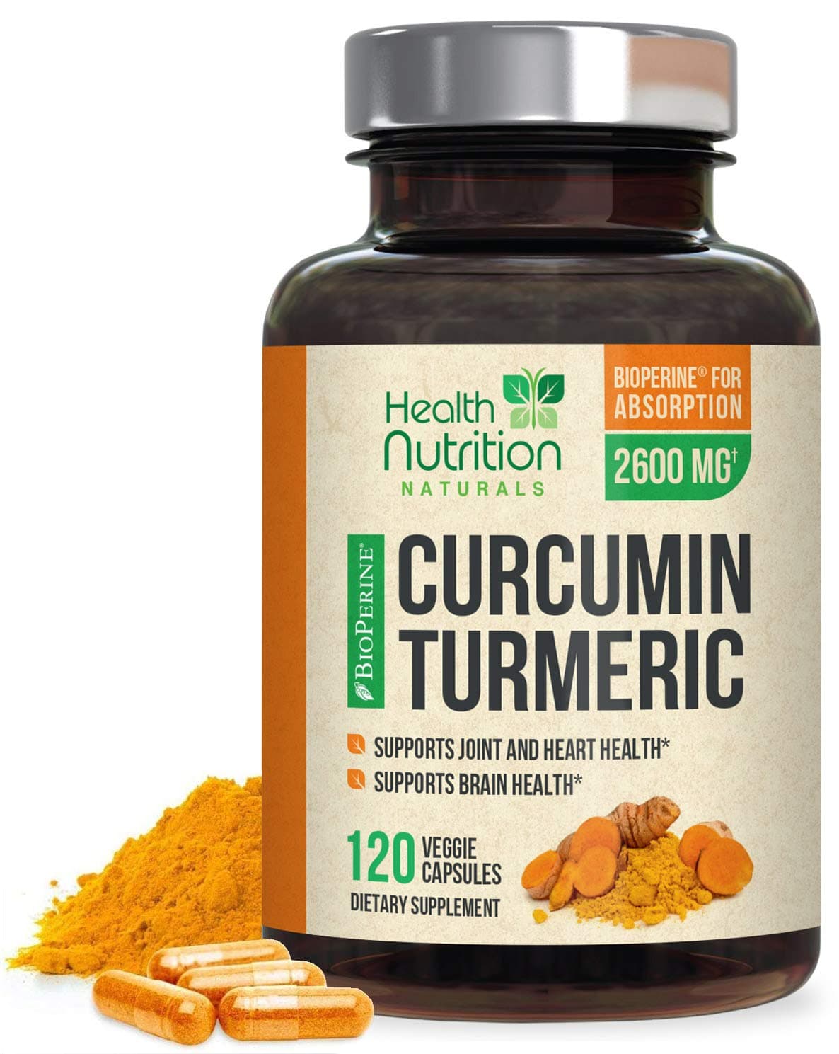Turmeric Curcumin with BioPerine 95% Curcuminoids 2600mg with Black Pepper for Best Absorption, Made in USA, Powerufl Joint Support, Turmeric Supplement by Health Nutrition - 120 Capsules