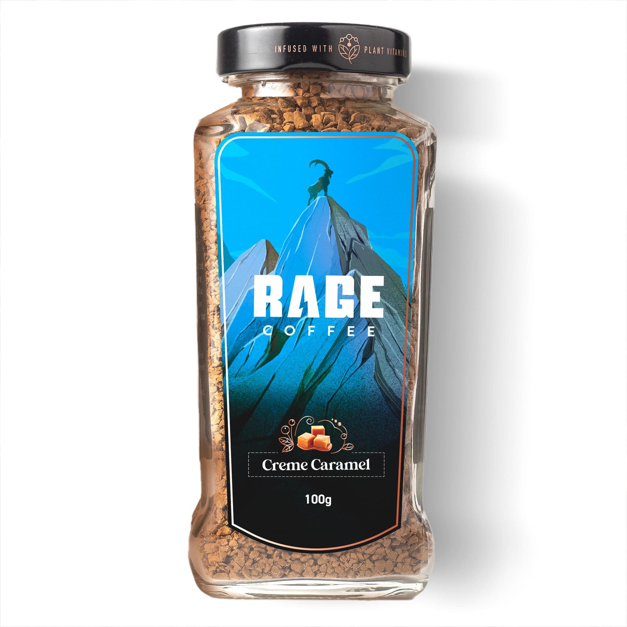 RAGE COFFEE Creme Caramel - Flavored Instant Coffee Powder for both Hot & Cold Coffee, 100% Single Origin Arabica Coffee Beans Powder, Premium Coffee Infused with Plant Vitamins (CREME CARAMEL, 100g)