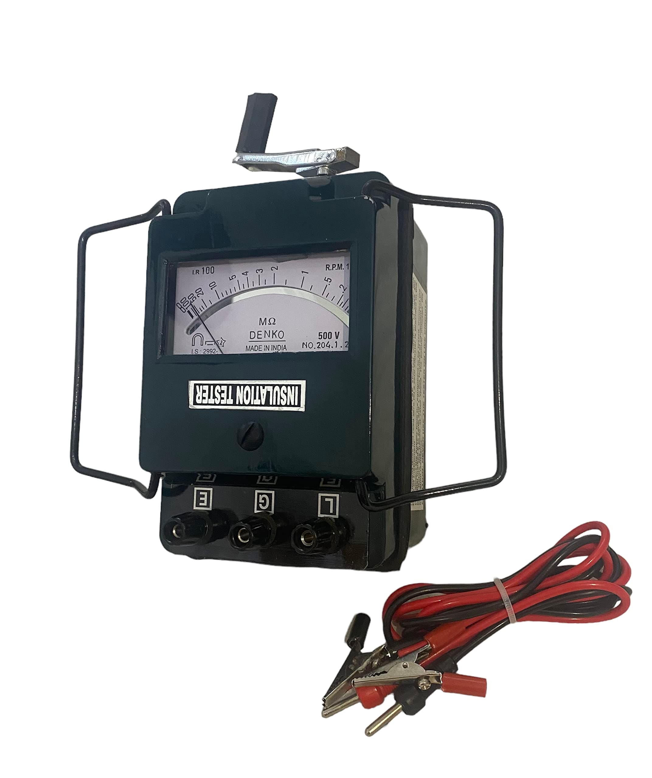 DENKO Insulation Tester/Megger/Insulation Resiatnce Tester 500V / 100 MOhm(MΩ) Analog Insulation Tester Generator Type Hand Driven with One Year Warranty