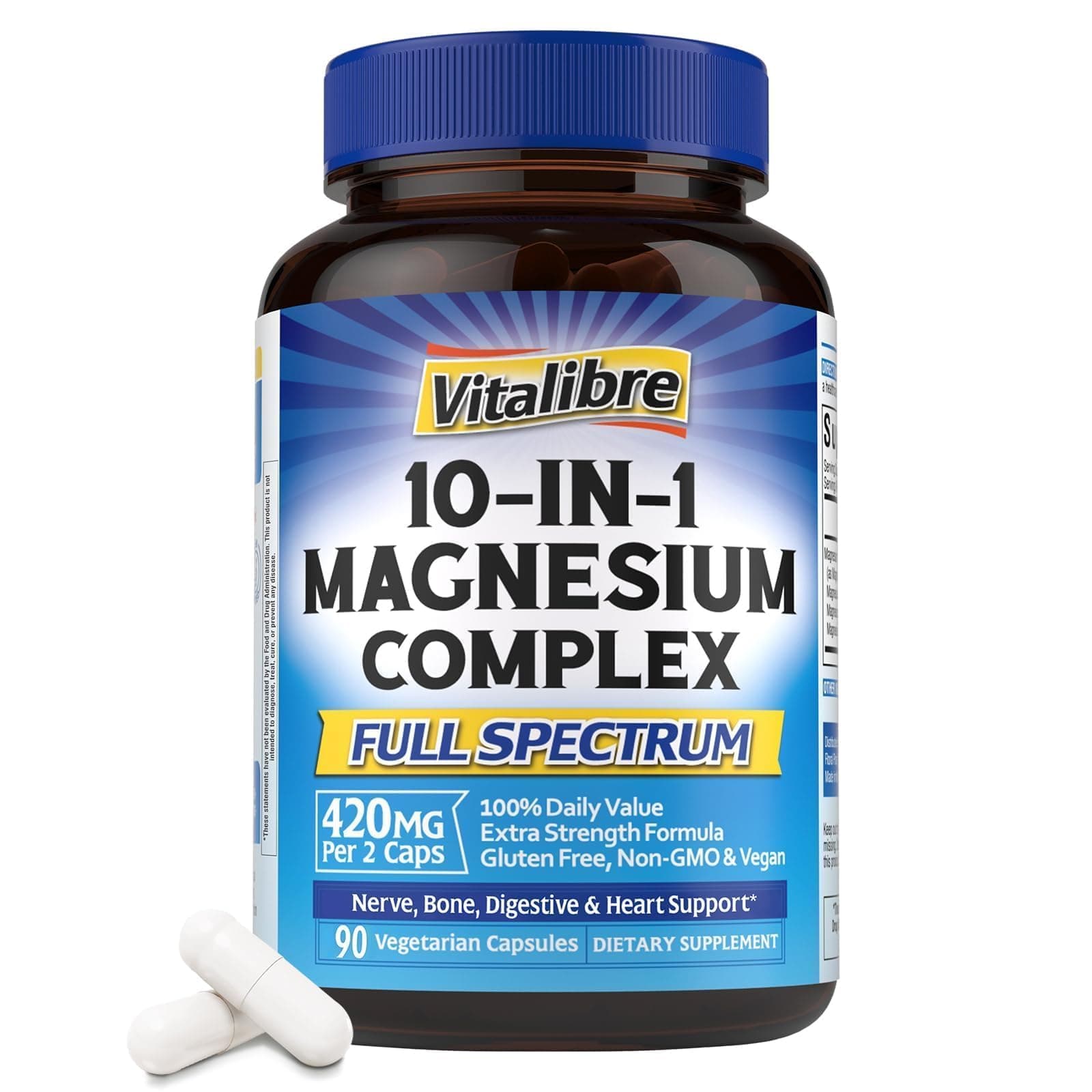 10 in 1 Magnesium Complex, 420mg Elemental Magnesium | Ultra Strength, Max Absorption | Chelated Magnesium Supplement for Nerves, Bone & Heart Health | Non-GMO, 90 Vegan Capsules