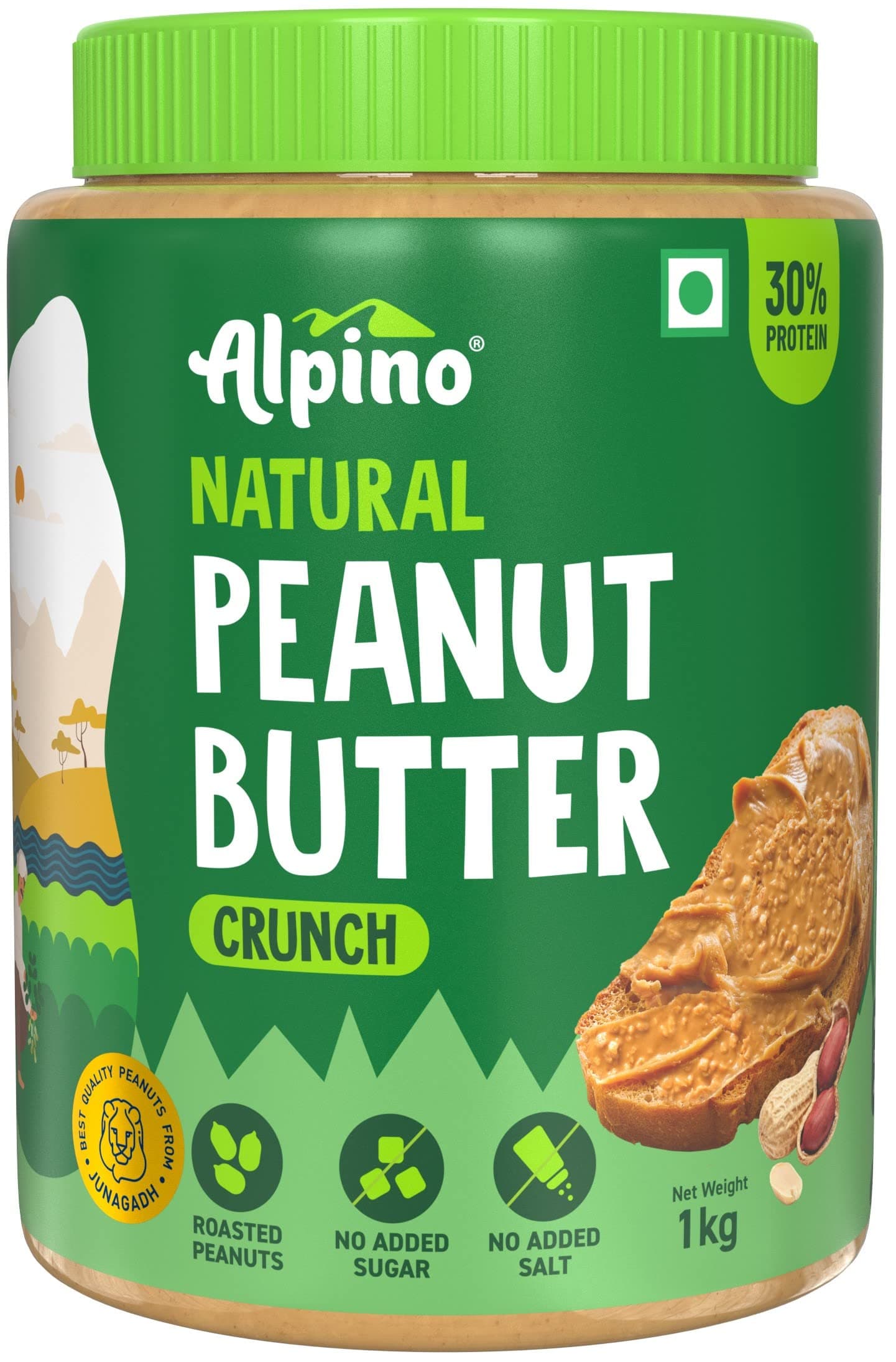 ALPINO Natural Peanut Butter Crunch 1kg - 100% Roasted Peanuts - 30g Protein, No Added Sugar & Salt, non-GMO, Gluten Free, Vegan – Plant Based, Unsweetened Peanut Butter Crunchy