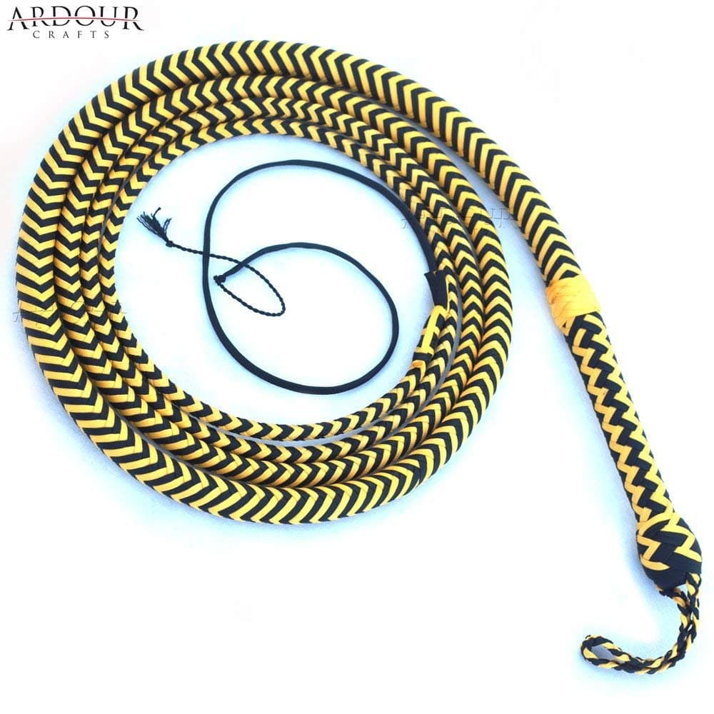 Ardour Crafts04 to 16 Feet Long Nylon para-Cord Bullwhip 16 Plaits Paracord Custom Bull Whip with Leather Belly & Bolster Construction Yellow & Black (08 Feet)