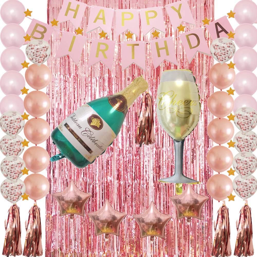 Happy Birthday Party Decoration Kit with Tissue Pom Pom Banner,Champagne Bottle Goblet,Confetti Latex Balloons,Metallic Fringe Curtain for Adult,Women,Men'Gift as Table Wall Decor,Photo Props Favors