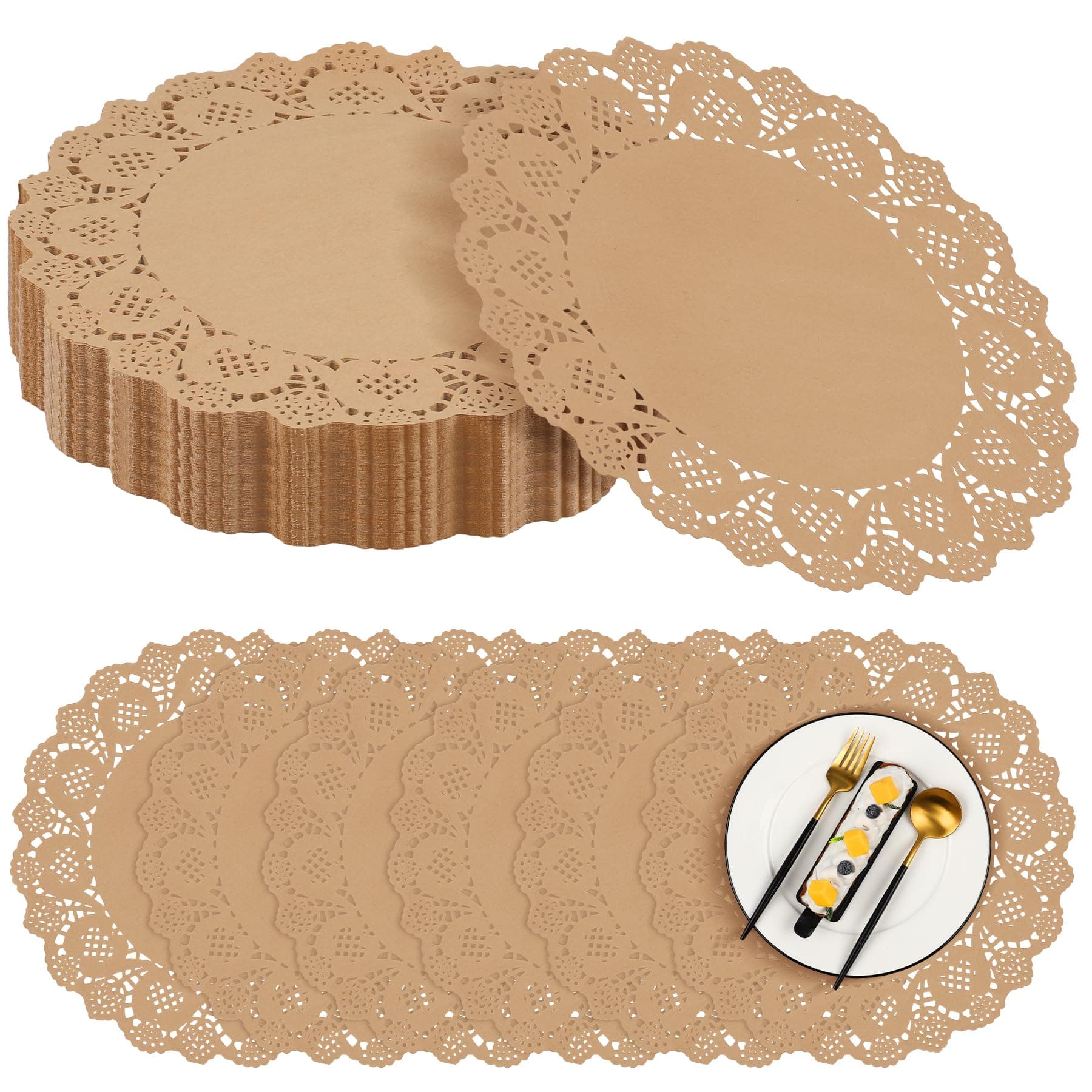 MCEAST 300 Pack Round Brown Kraft Paper Doilies 13.5 Inches Lace Paper Place Mats Rustic Scallop Doily Disposable Table Pads for Food Cakes Crafts Party Weddings Tableware Decor