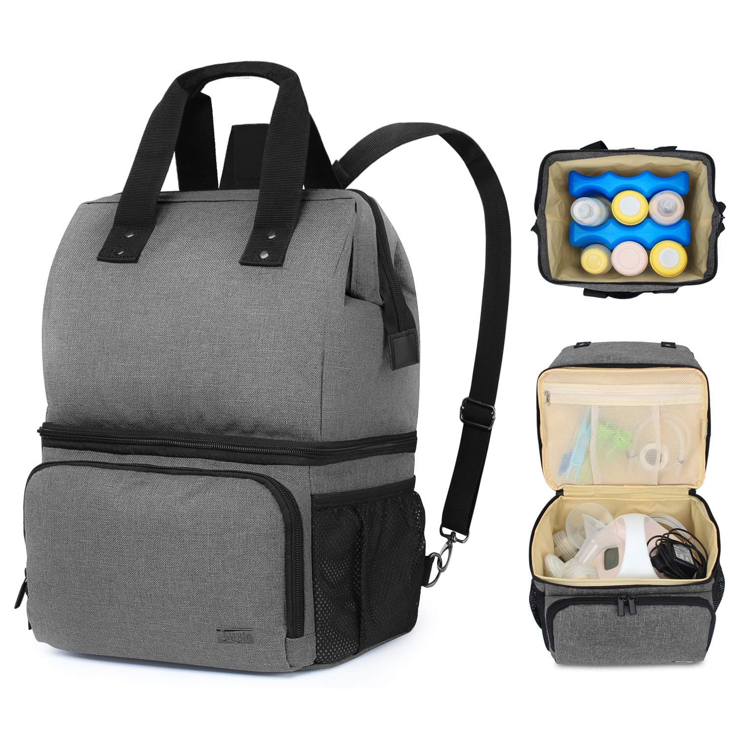 LUXJA Breast Pump Bag with 2 Compartments for Breast Pump and Cooler Bag, Breast Pumping Case with 2 Options for Wearing, Gray