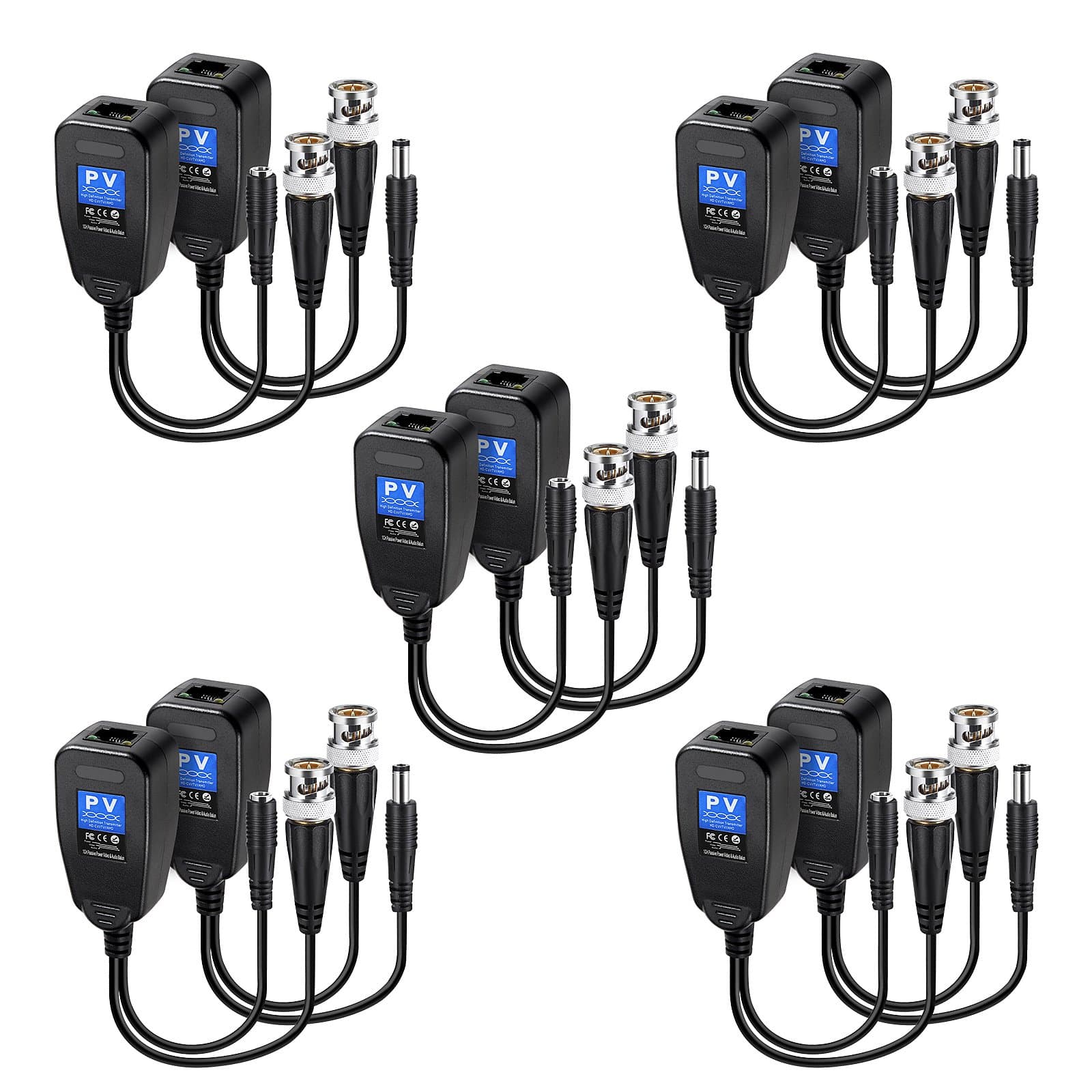 Passive Video Balun RJ45 Transceiver Transmitter HD-CVI/TVI/AHD/CVBS with DC Built-in Transient Suppression Protection for 720P/960P/1080P/2MP CCTV Security DVR Surveillance Camera System 5 Pairs