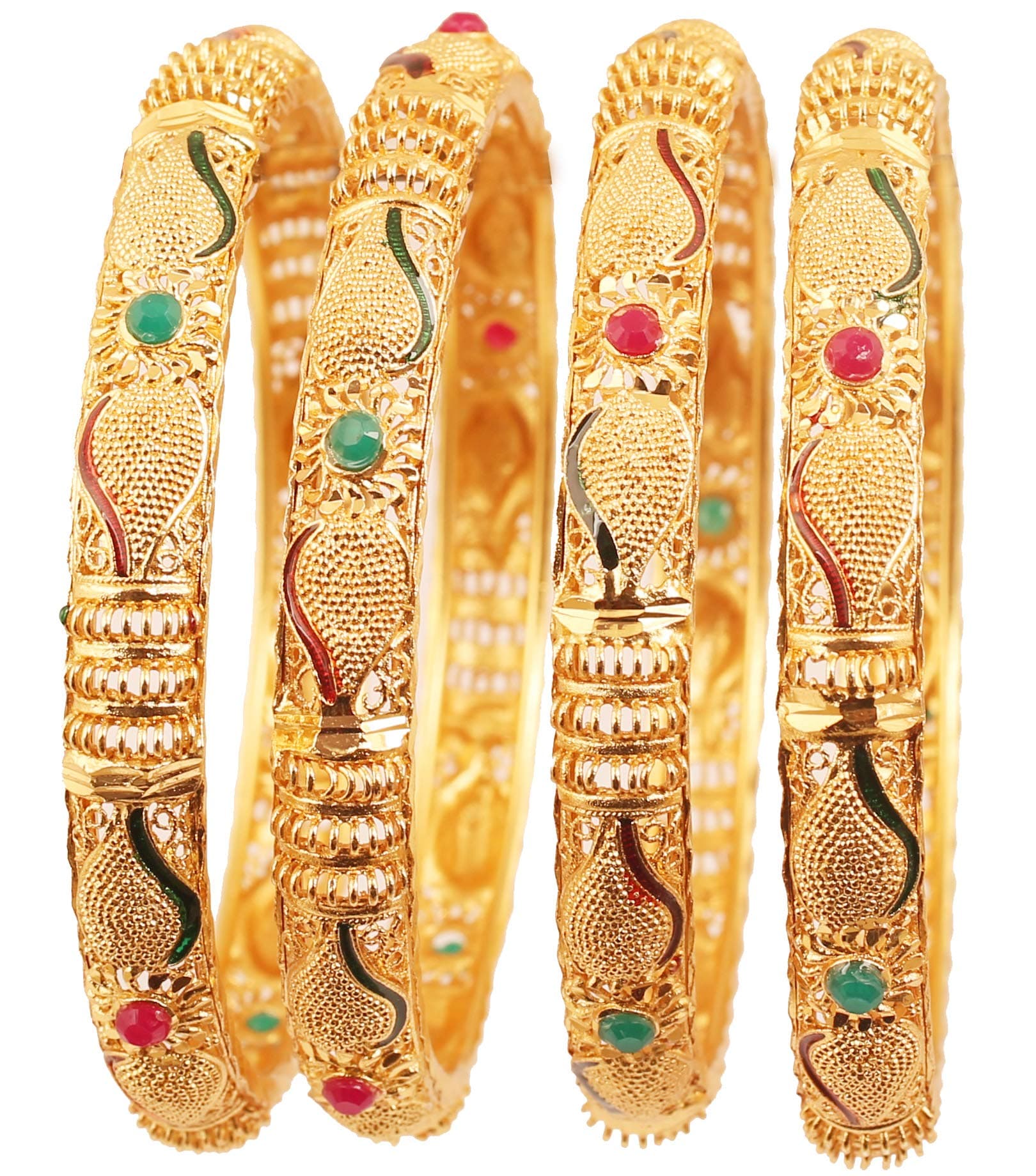 Golden Bangle Collection Indian Bollywood Desire Beautifully Carved Conch Shell Inspired Thick Designer Jewelry Bangle Bracelets. Set of 4. in Gold Tone for Women