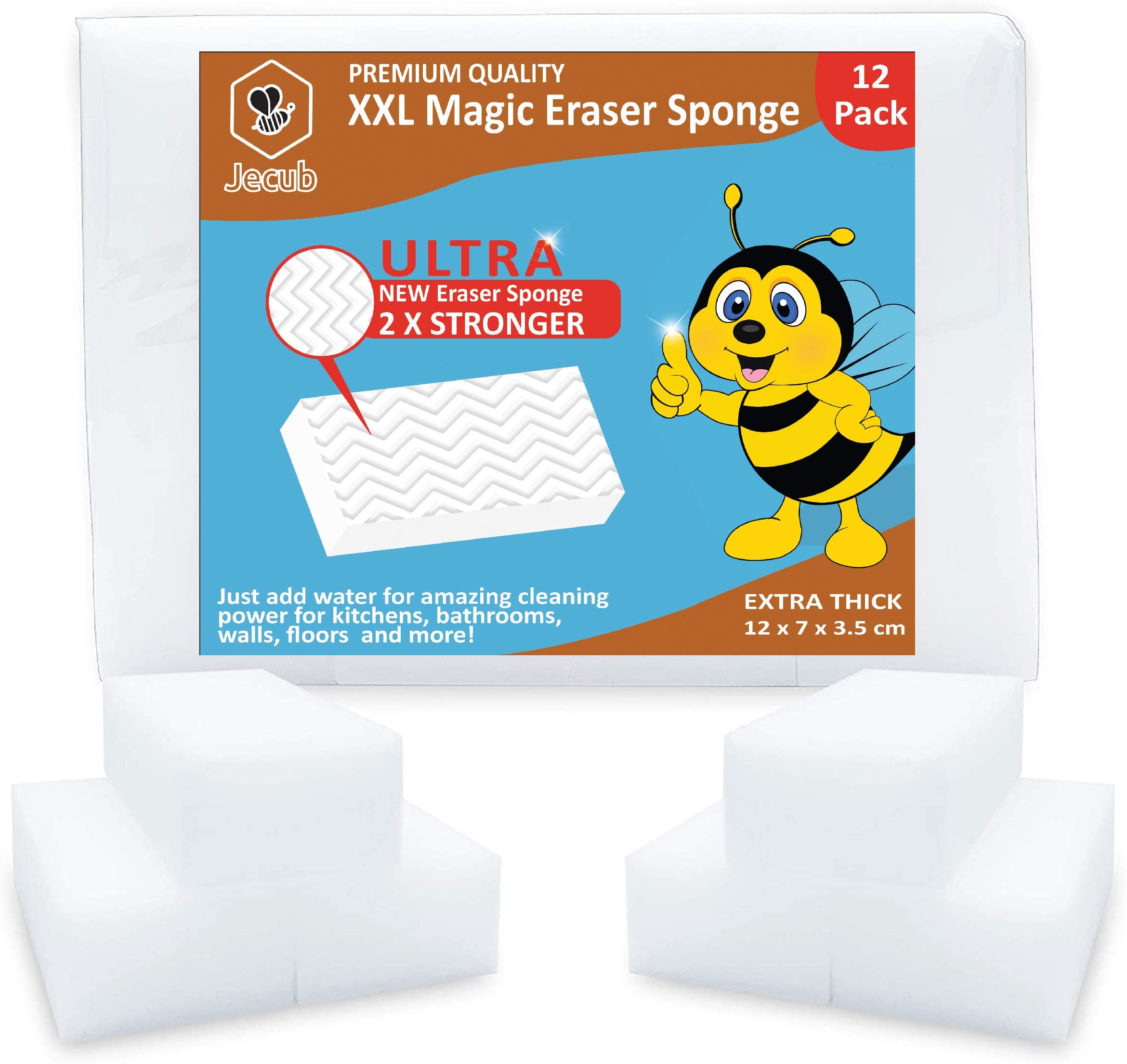 12 x JECUB™ Magic Eraser Sponge - Wipes Dirt, Stains & Marks from Most Household Surfaces. These Chemical Free Magic Cleaning Sponges are Great for Cleaning Kitchens, Bathrooms, Walls & Even Shoes.