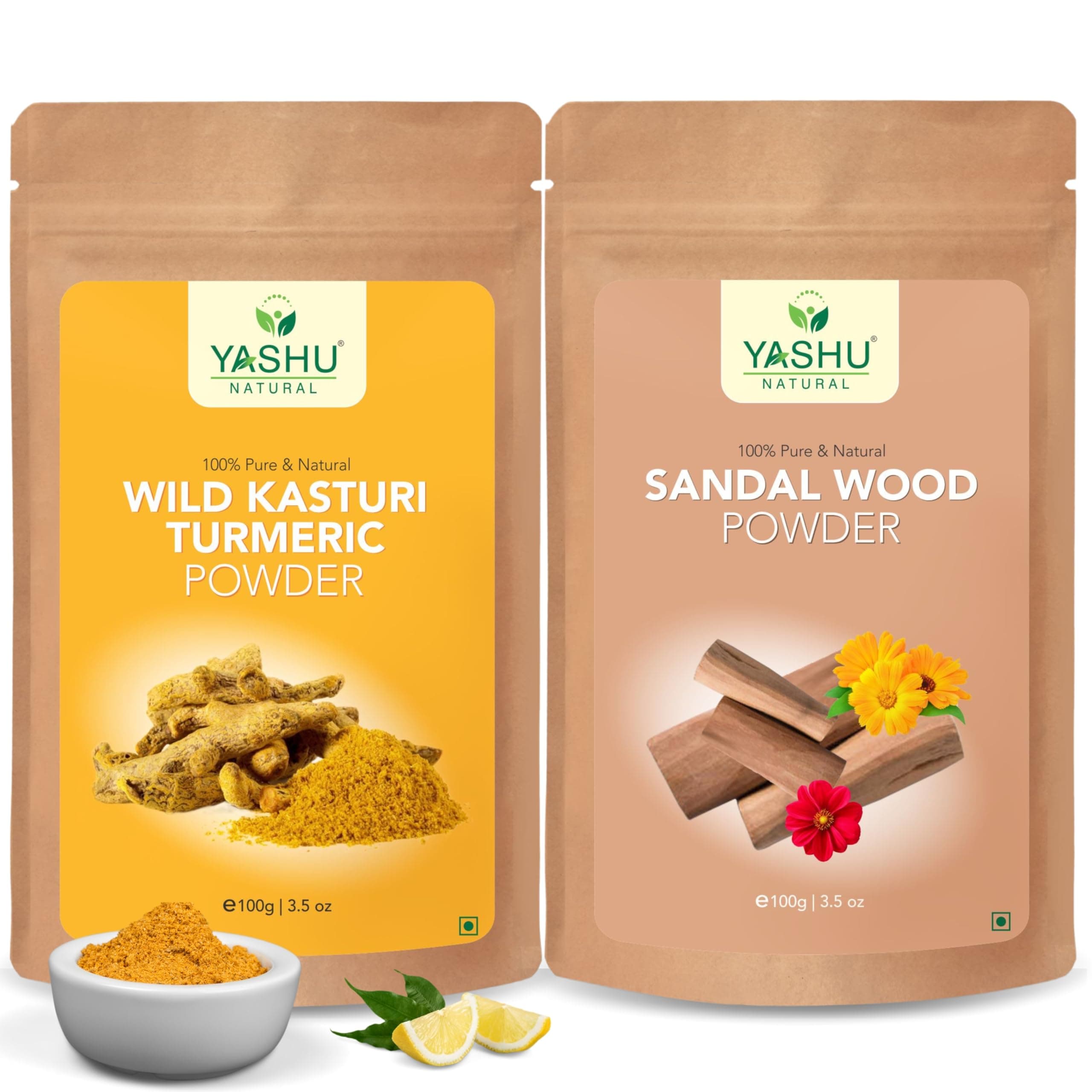 YASHU Pure & Organic Kasturi Turmeric (Kasturi Manjal) & Sandalwood (Chandan) De-Tan Face Pack Powder Combo for Natural Glow - Pack of 2 (200g)