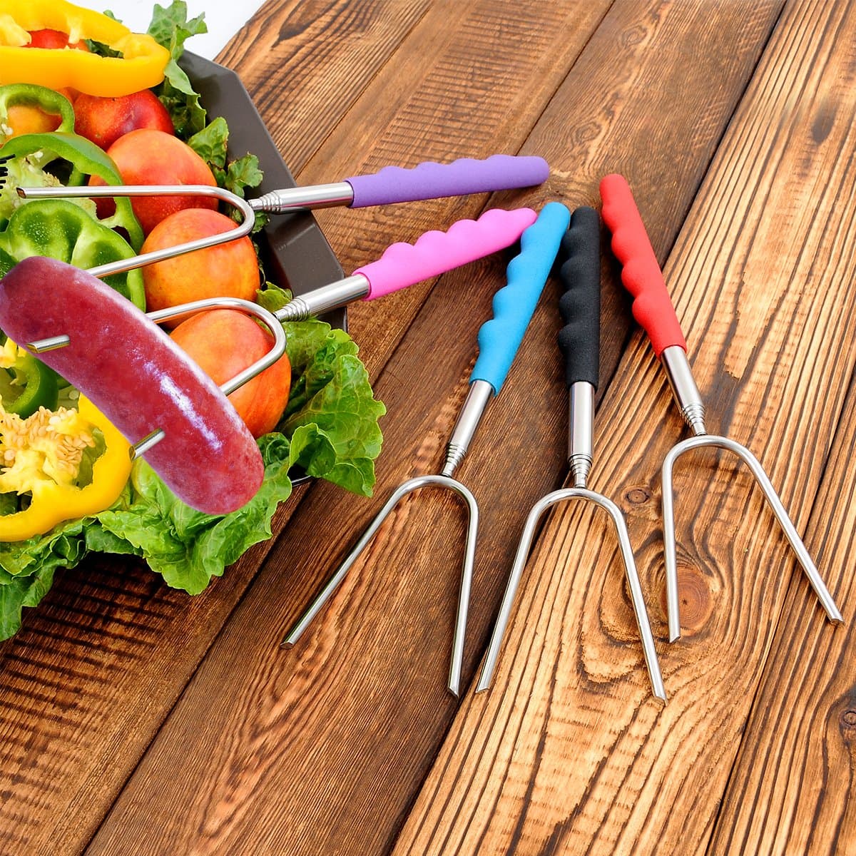 Marshmallow Roasting Sticks Set of 6 Smores Skewers / Hot Dog Roasting Sticks 34 Inch Telescoping Extendable Steel Fork Kit - Patio Fire Pit, Kids Camping, Campfire, Bonfire & BBQ Kit