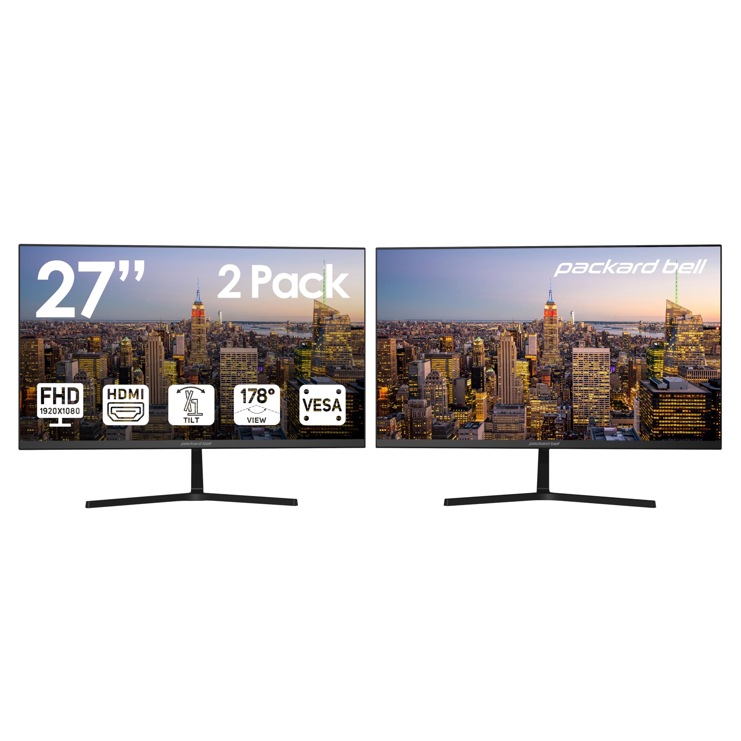 Packard Bell AirFrame 27 Inch Ultra Slim Bezel Desktop Monitor, FHD IPS LED 1920 x 1080p, 75 Hertz, 5 Milliseconds, VESA Mounting, Tilt Adjustment, HDMI and VGA for Home and Office Use, 2 Pack