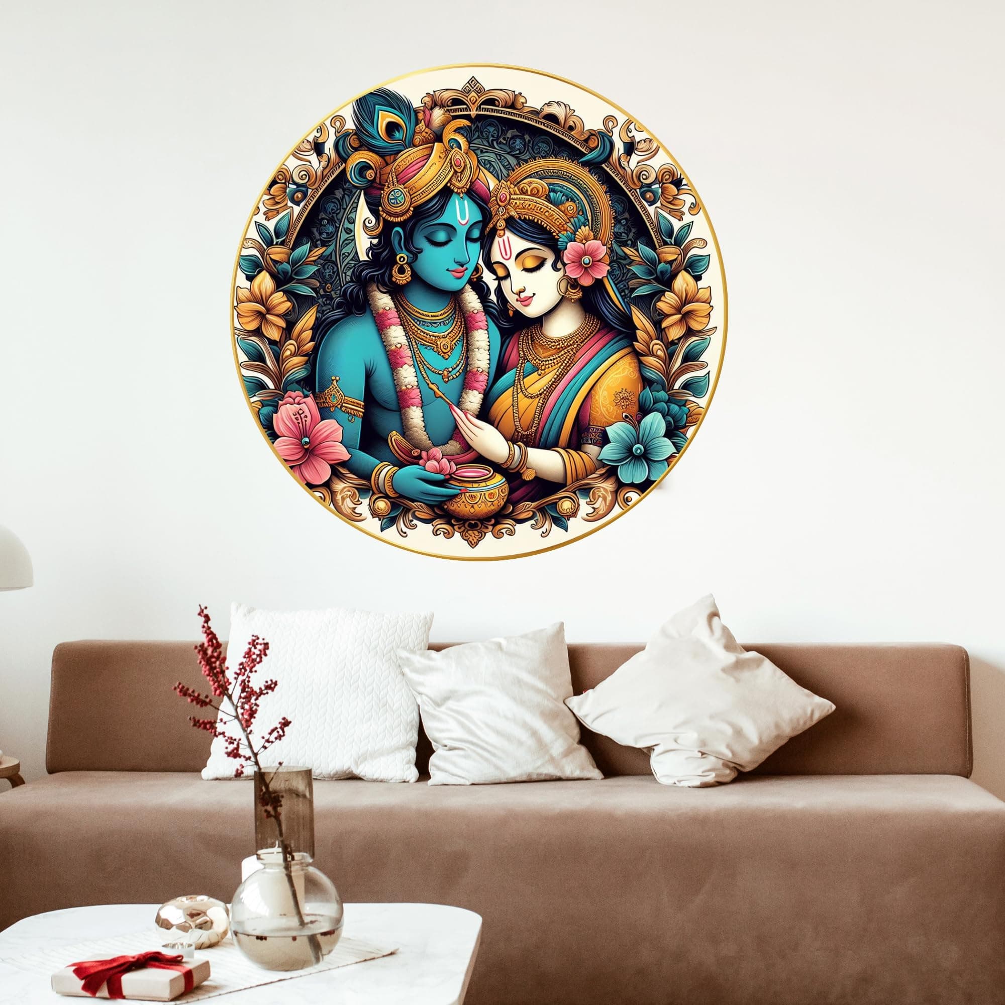 Nozvera Modern Radha Krishna Wall Picture with Frame - Sparkle Shiny Round Golden Framed Large Painting for Office Living Room Bedroom Home Wall Decoration (Design 03, 40 cm x 40 cm)