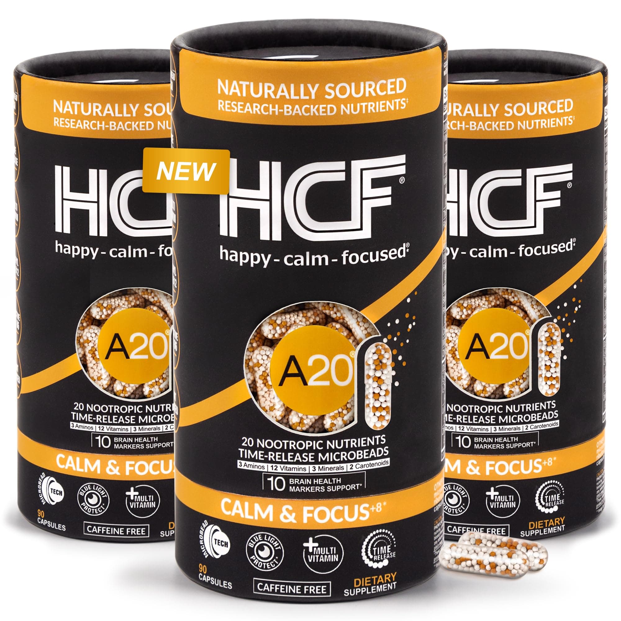 HCF A20® Microbead Brain Supplement + Multi-Vitamin - Calm, Focus, Mood, Memory, Attention, Vision, Blue Light, Sleep, Immune System, 20 Premium Nootropic Nutrients & 7 Advances® Technology (Family)