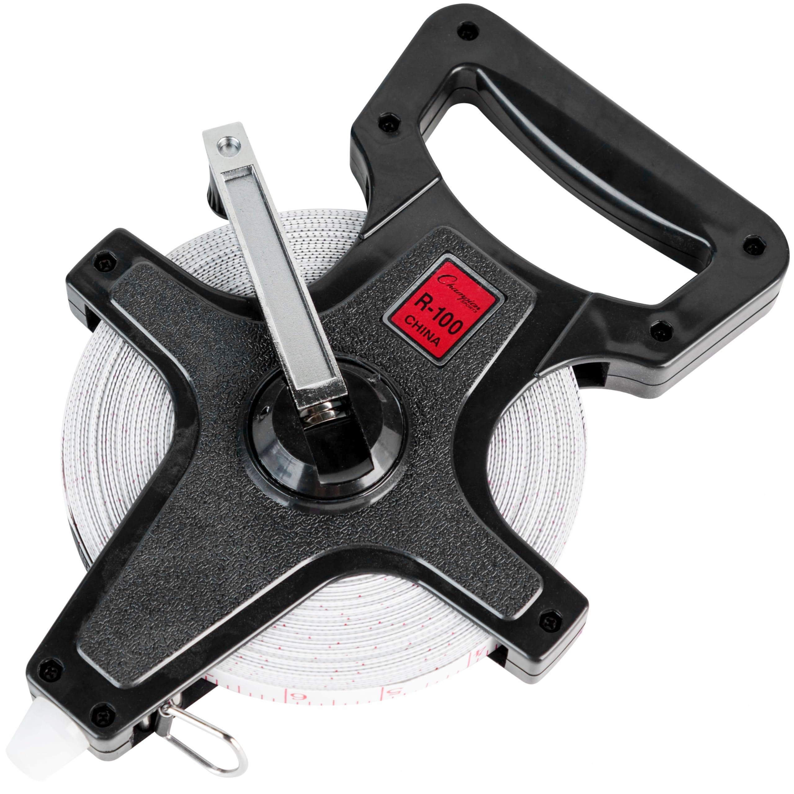 Champion Sports Open Reel Measuring Tapes – Durable Hand Crank with Metal Spike, Dual-Sided Feet & Meters, Perfect for Track & Field and Long Jump, 100 ft/30 meters