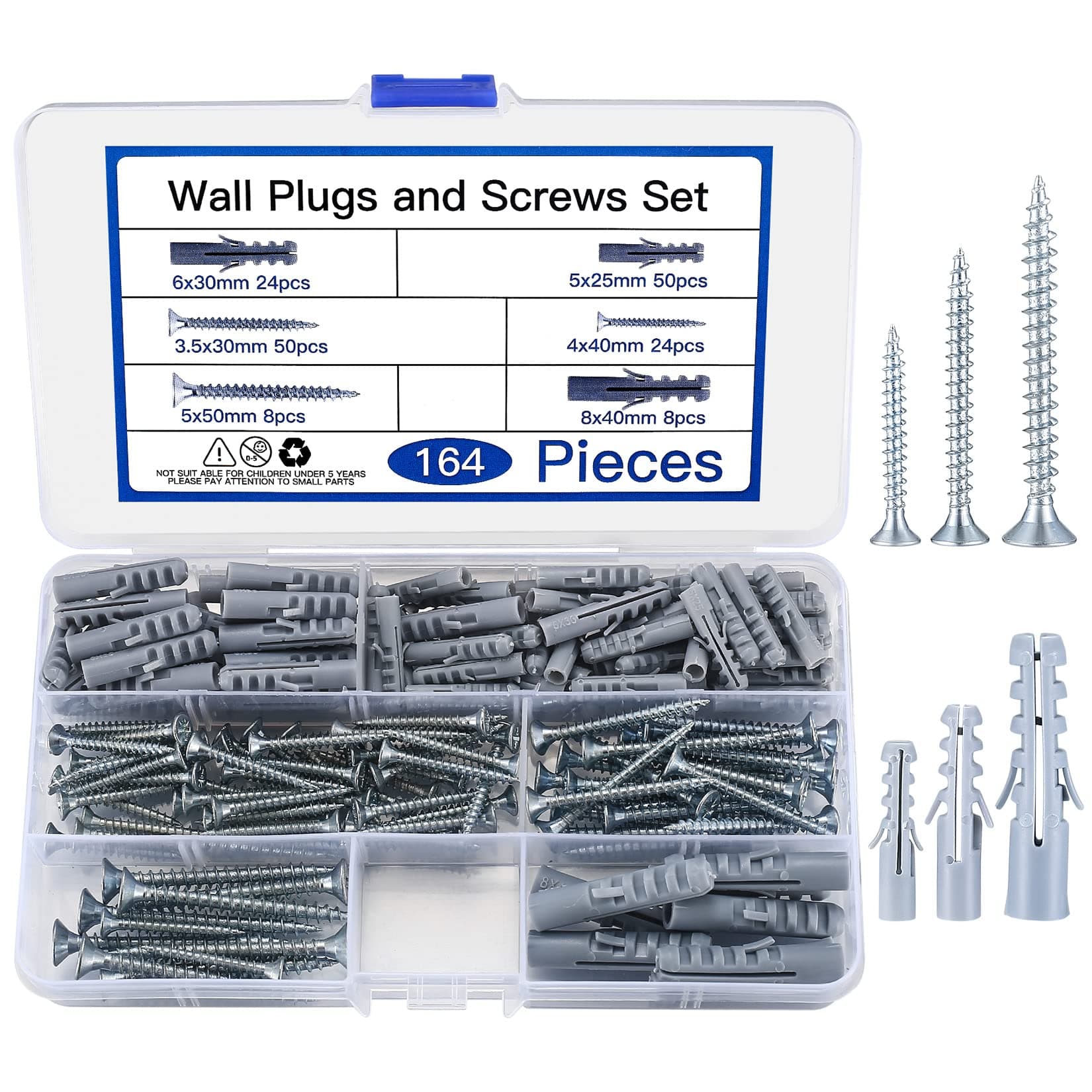 164 Pcs Screws and Wall Plugs Set(82 x Wall Raw Plugs, 82 x Plasterboard Fixings Screw), Masonry Brick Concrete Wall Fixings Self Drilling Screws and Wall Plug Anchor Bolts, M3.5/M4/M5/M6/M8