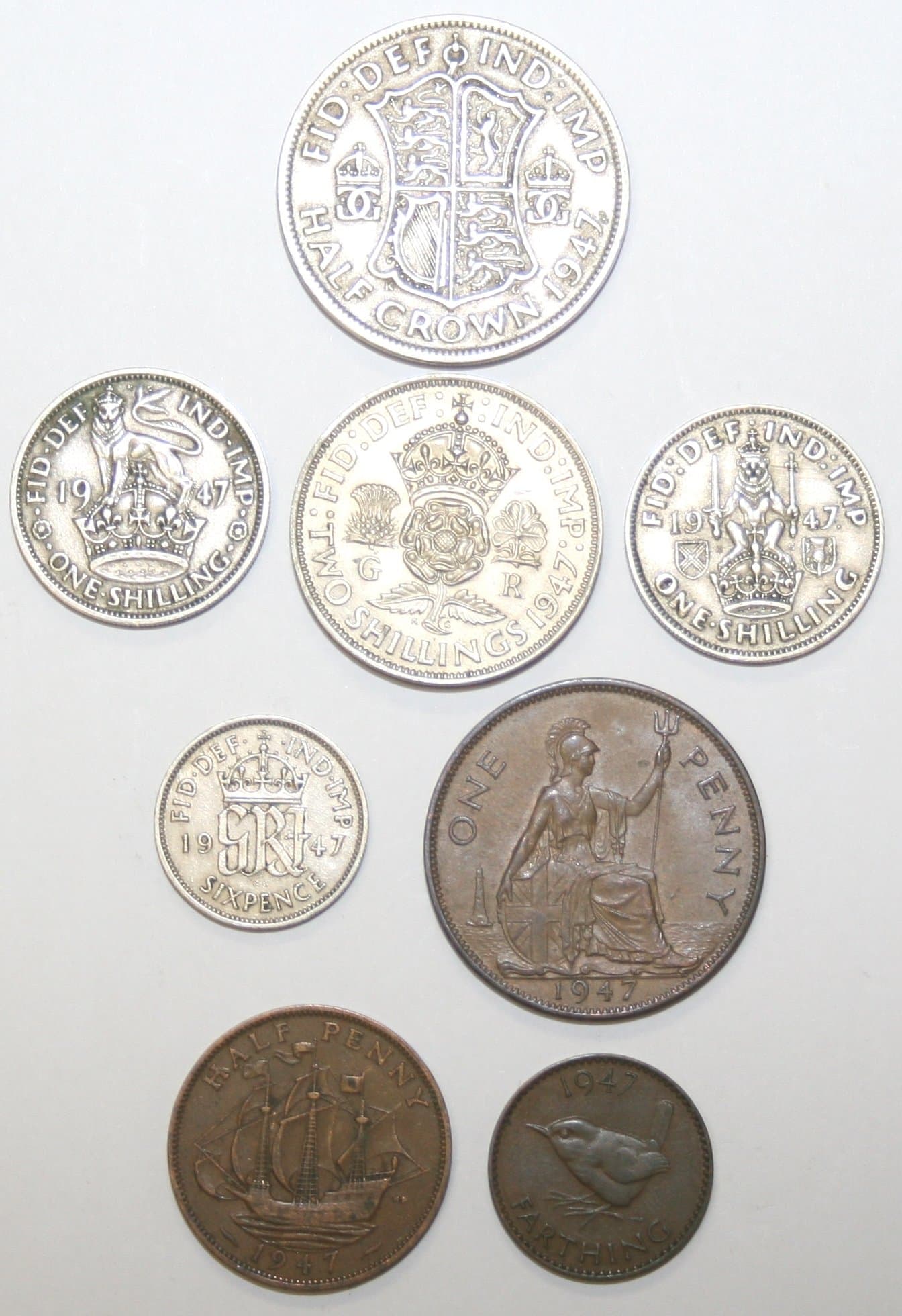 1947 Complete Circulating British Coin Year Set Very Fine or Better Condition 8 Coins in Individual Clear Envelopes
