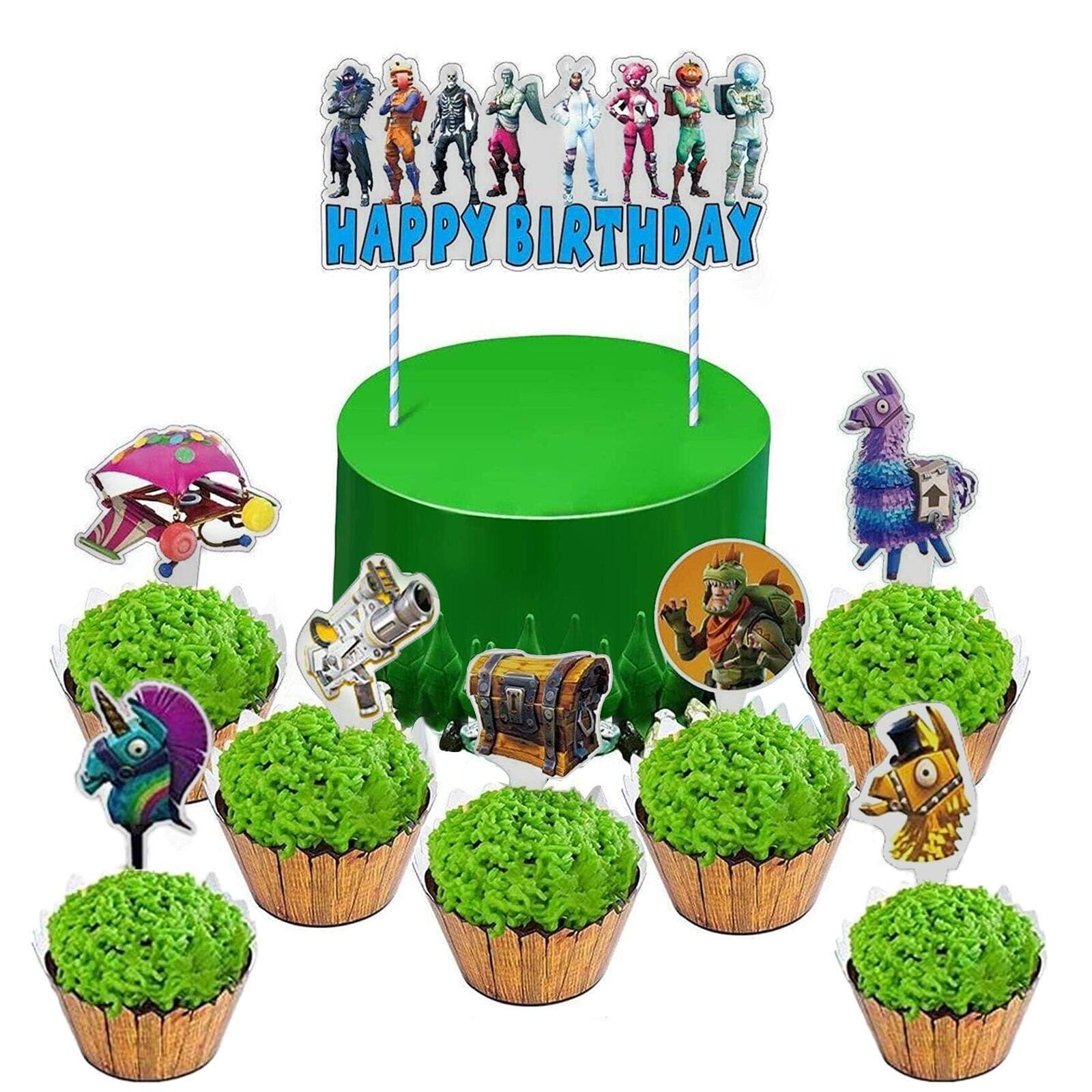 Video Game Party Supplies - Cake Topper and Cupcakes Toppers Wrappers Kit - Happy Birthday Cake Decorations for Gamers Kids Boys Girls