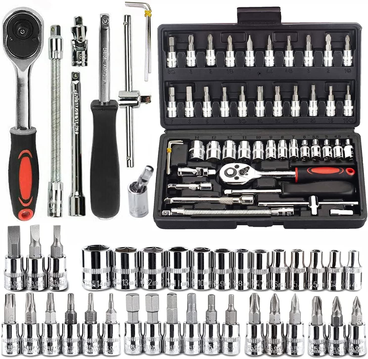 Elisco 46PCS 1/4 inch Drive Socket Set, CR-V Sockets, Extension Bars,S2 Bits, Mechanic Tool Kits for Household Auto Repair (Black)
